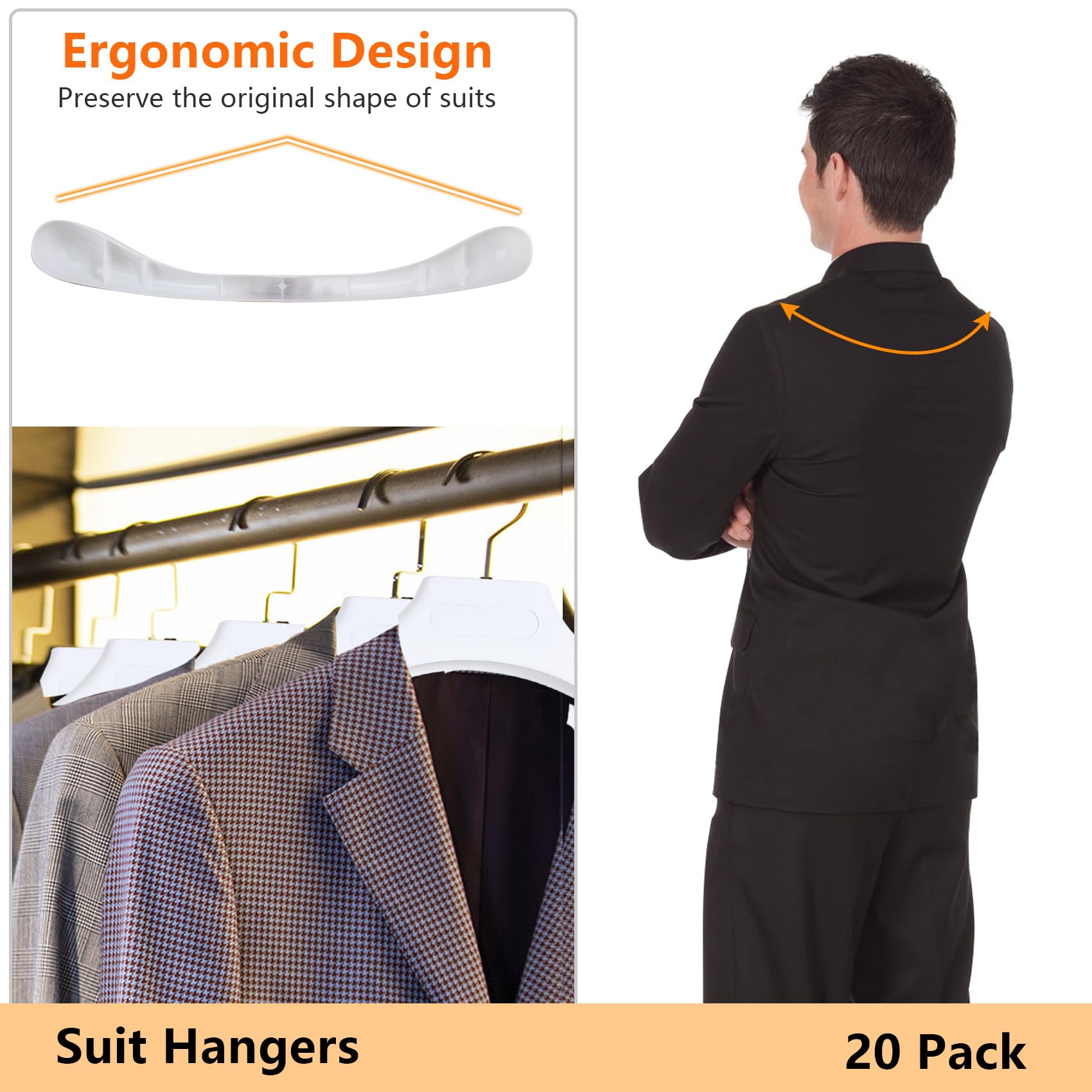 Plastic Extra Wide Suit Hangers  Pack of 20  Width: 17.7'' Notched Shoulders & Swivel Hooks  White