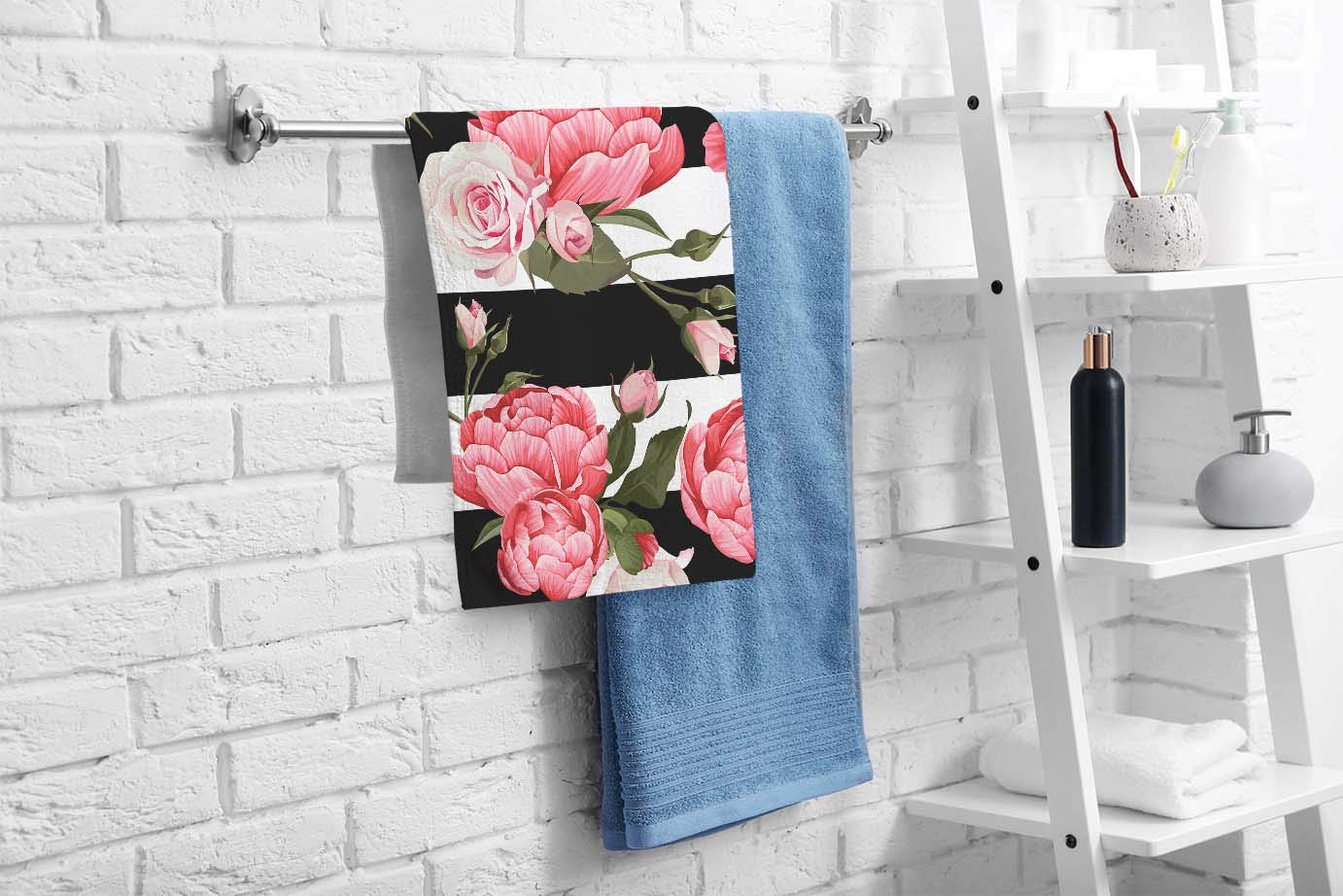 Ofloral Peony And Rose Floral Hand Towels Cotton Washcloths,Pink Flower Green Leaves With Black White Stripes Soft Towels For Ba