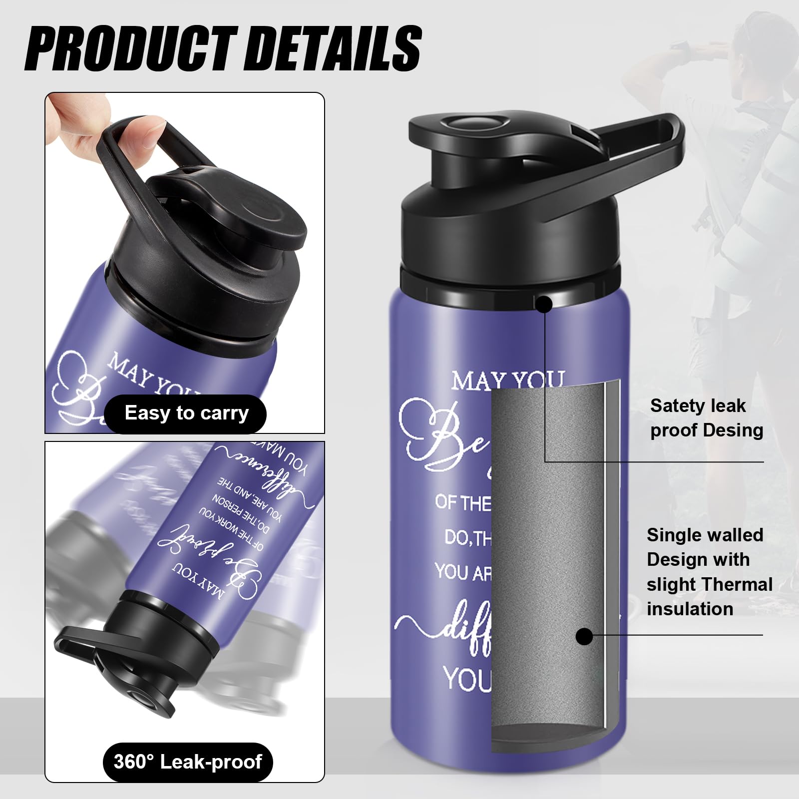 Bokon 24 Pack Thank You Inspirational Gifts Reusable Aluminum Water Bottle Bulk Lightweight Leakproof Metal Sports with Lid for