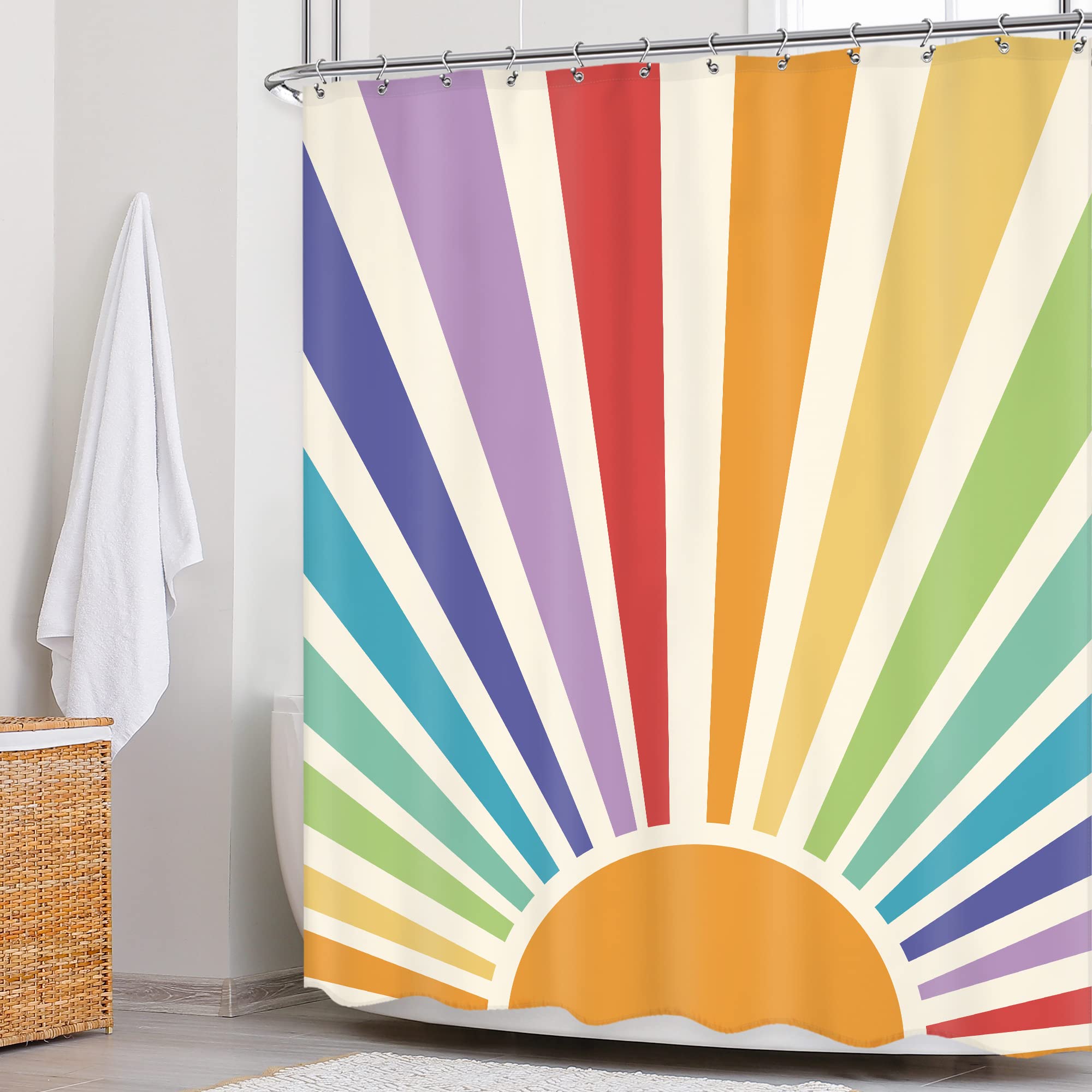 Newsely Boho Vintage Sun 70S Shower Curtain 60Wx72H Inch Retro Rainbow Cute Sunshine Sunrise Sunset Colorful Abstract Shower Cur