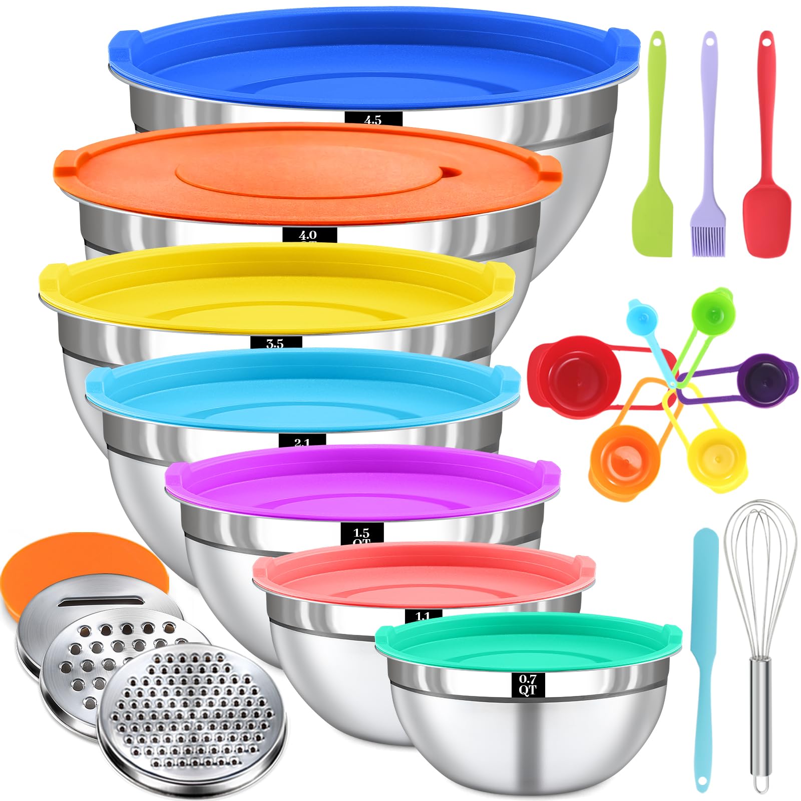 Gymdin Mixing Bowls With Lids Set - 7 Nesting Mixing Bowls, 3 Graters, 11 Baking Tools, Airtight Lids, Stainless Steel Mixing Bo