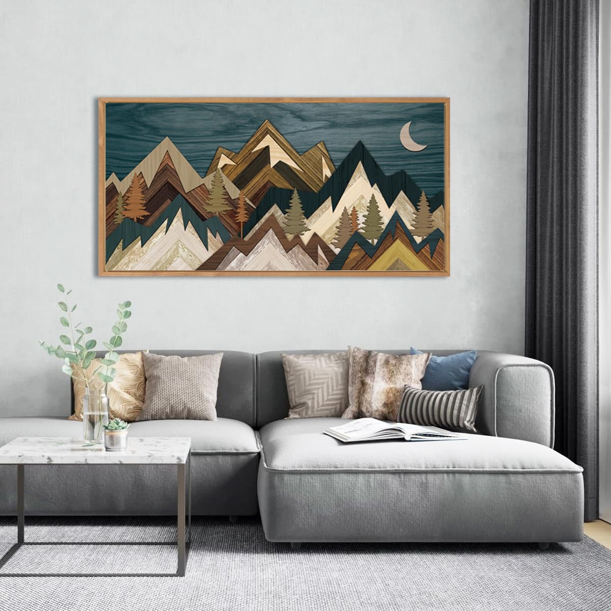 Bincue Mountain Wall Art Framed Canvas Wall Art Nature Forest Wall Decor Rustic Farmhouse Wall Painting Moon Art For Living Room