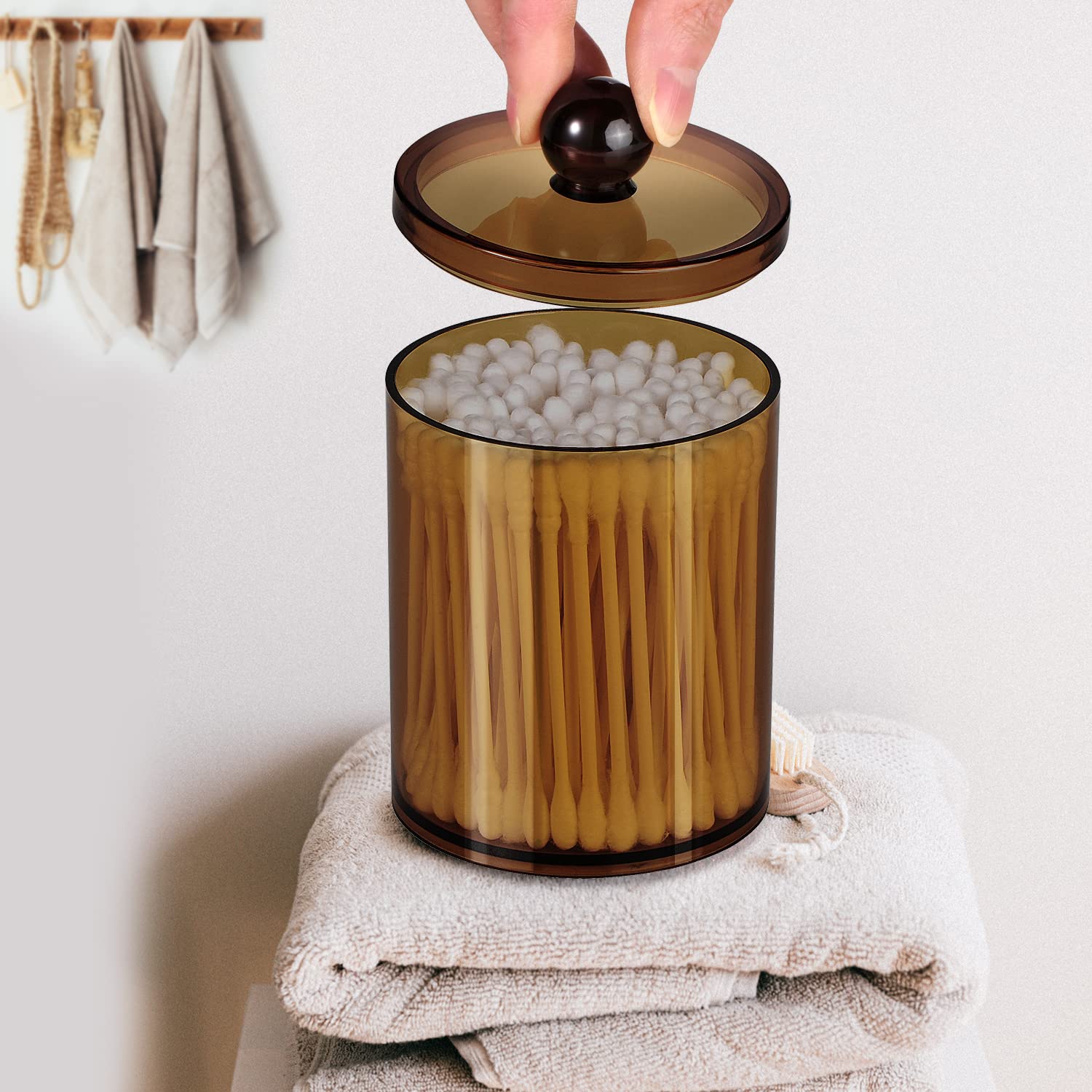 SheeChung 15-ounce Small Clear Plastic Apothecary Jar - Qtip Dispenser Holder Bathroom Vanity Storage Canister Acrylic Jar for Cotton Ball Cotton Swab Q-tips Cotton Rounds | 2 Pack (Bronze)