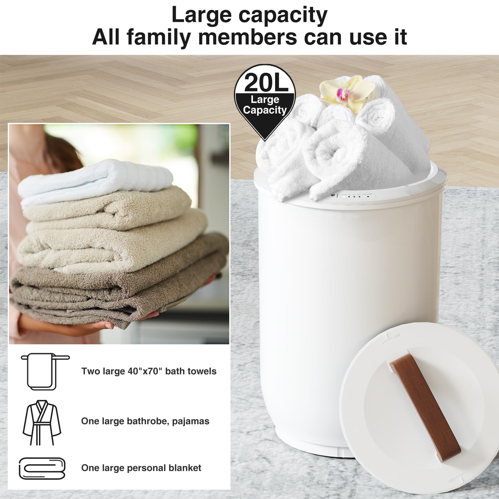 Sameat Heated Towel Warmers For Bathroom - Large Towel Warmer Bucket, Wood Handle, Auto Shut Off, Fits Up To Two 40''X70'' Overs