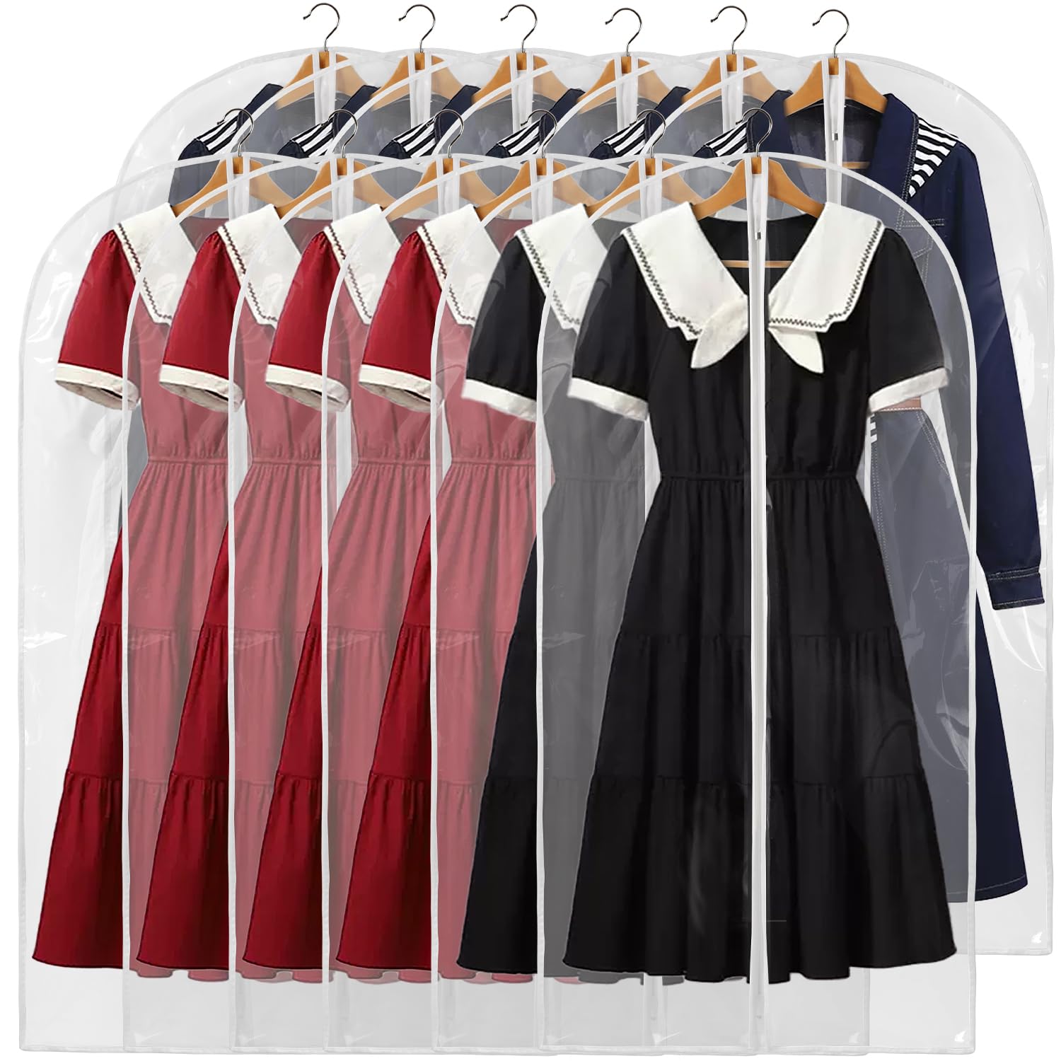 Perber 48'' All Clear Garment Bags For Hanging Clothes, 12 Packs Suit Bags For Closet Storage, Plastic Waterproof Suit Cover Bag