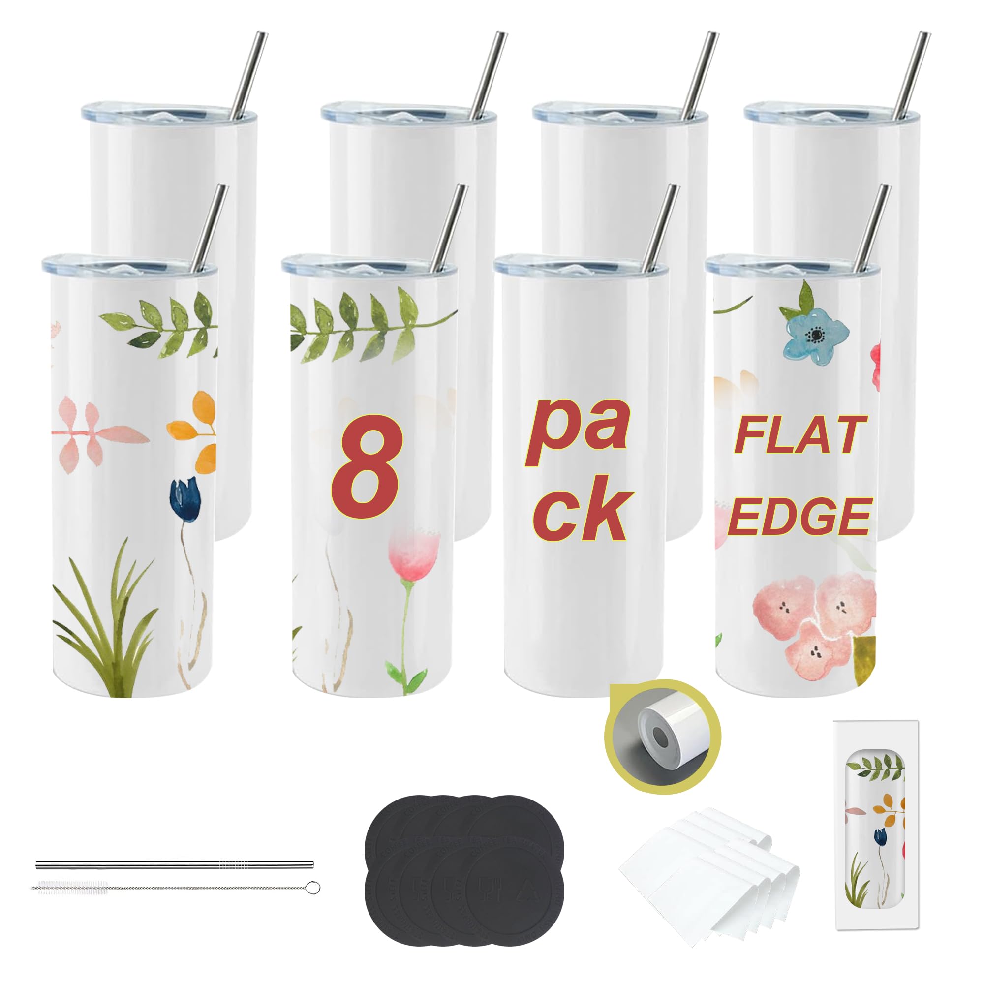 CWRIEB 8pack 20oz flat edge sublimation tumblers ,White skinny insulated Sublimation tumbler Straight Cups with Individual Gift 