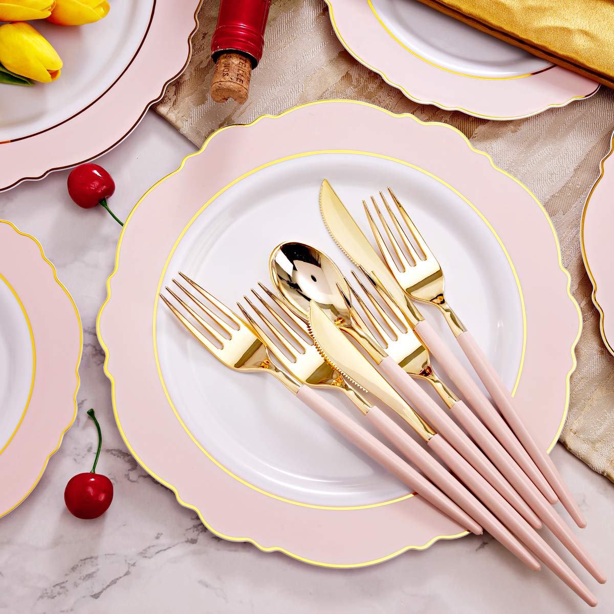 Wdf 30Guest Pink Plastic Plates - Hign-End Baroque Design - Gold Plastic Silverware With Pink Handle-Baroque Pink &Gold Plastic