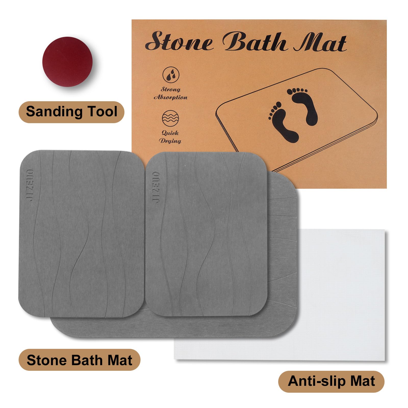 Jizeuo Stone Bath Mat, Set Of 3,Diatomaceous Earth Shower Mat, Non-Slip Super Absorbent Quick Drying Bath Mat For Bathroom Floor