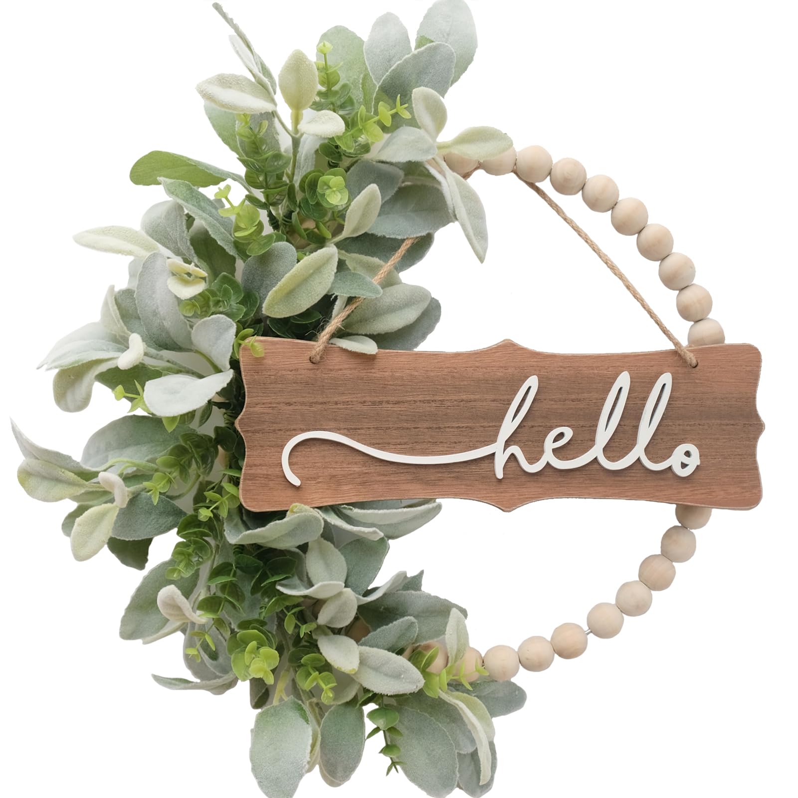 Winters Wreath for Front Door, Wood Bead Wreaths with Artificial Lambs Ears Leaves, Hello and Welcome Door Sign Wreath for Home 