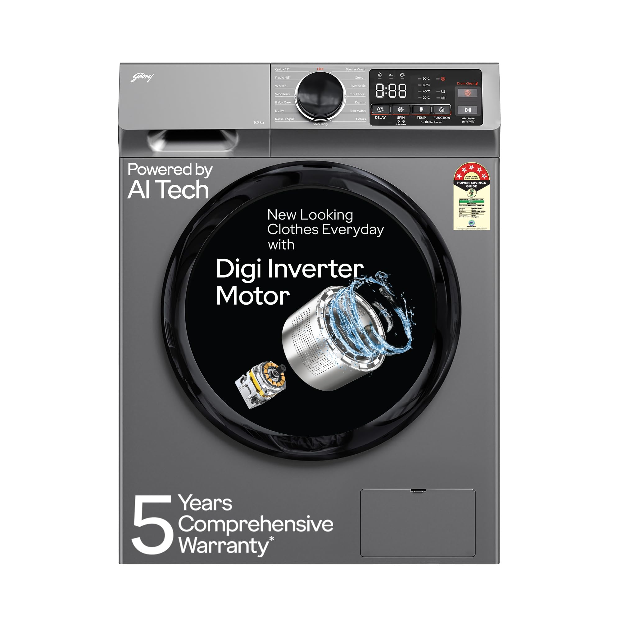Godrej 9 Kg 5 Star, 4 Years Comprehensive Warranty, Ai Powered, Steam Wash, Pause The Cycle, Digi Inverter Fully Automatic Front