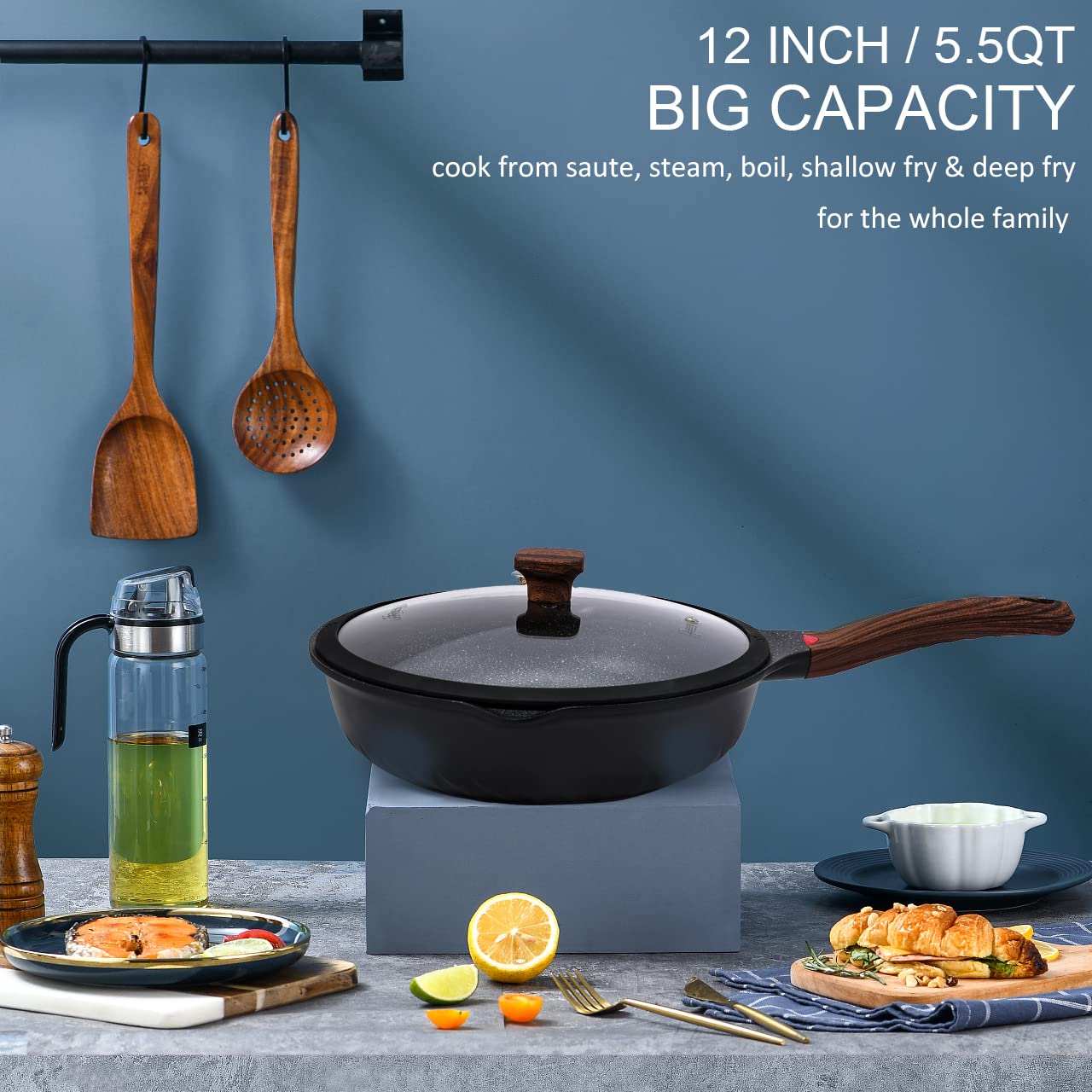 Vinchef Nonstick Deep Frying Pan Saute Pan With Lid, 12In/5.5Qt Fry Pan, German 3C+ Ceramic Coating Technology, Heat Indicator,