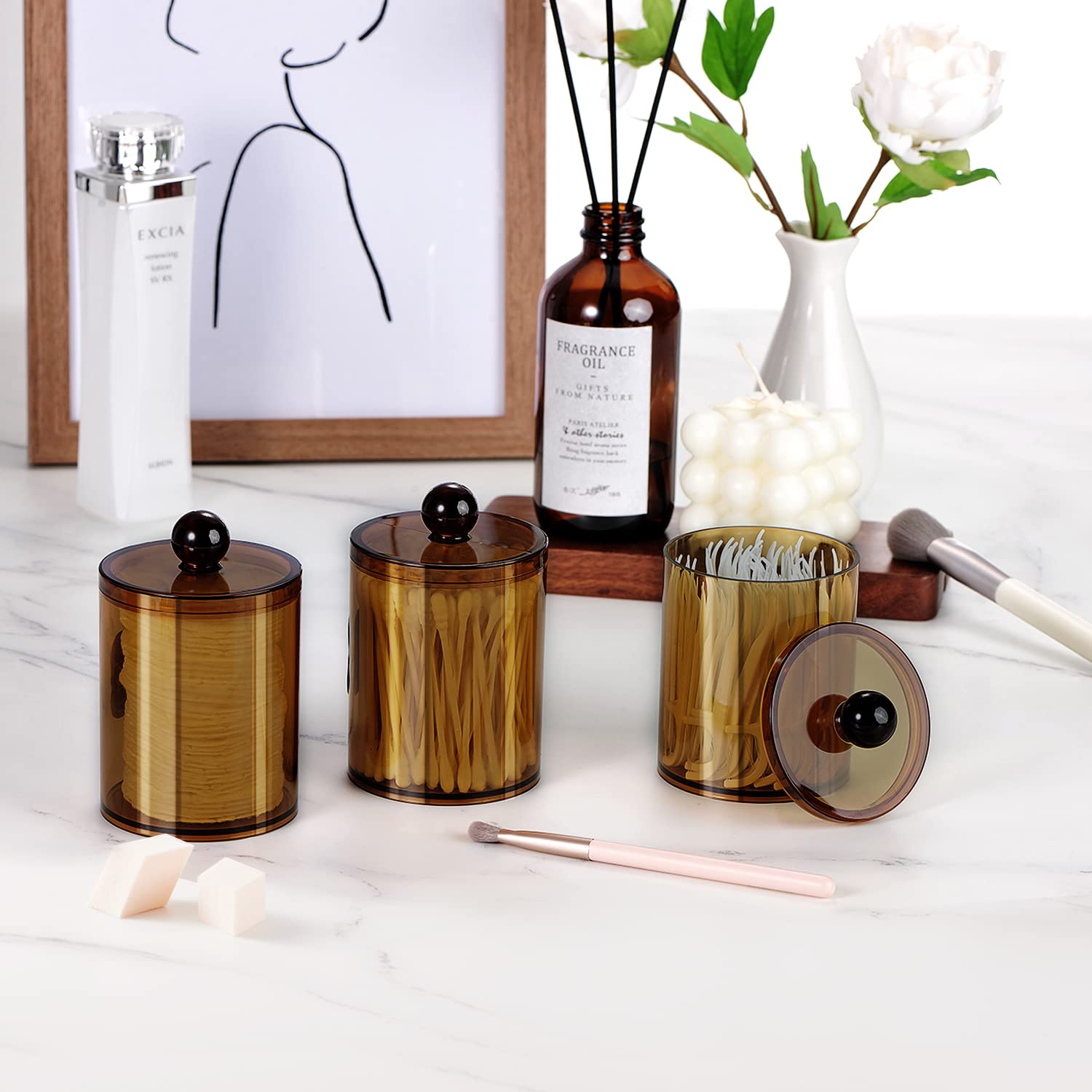 SheeChung 15-ounce Small Clear Plastic Apothecary Jar - Qtip Dispenser Holder Bathroom Vanity Storage Canister Acrylic Jar for Cotton Ball Cotton Swab Q-tips Cotton Rounds | 2 Pack (Bronze)