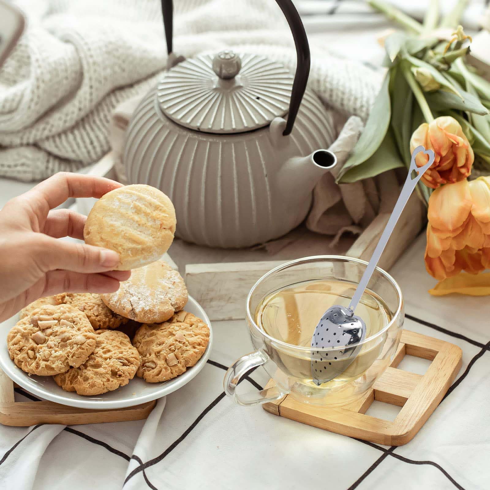 Ziivard 50 Pieces Tea Infuser Stainless Steel Long Grip Spoon Loose Tea Leaf Filter Heart Shaped Mesh Tea Strainer,Great Gift Fo