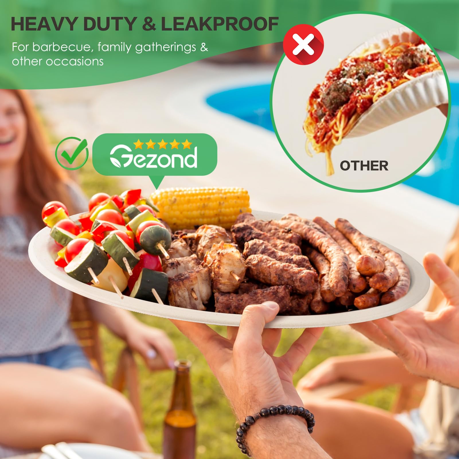 Gezond 100% Compostable Oval Paper Plates 50 Pack 12.5 Inch Large Disposable Heavy-duty Plate Biodegradable Eco-friendly Bagasse