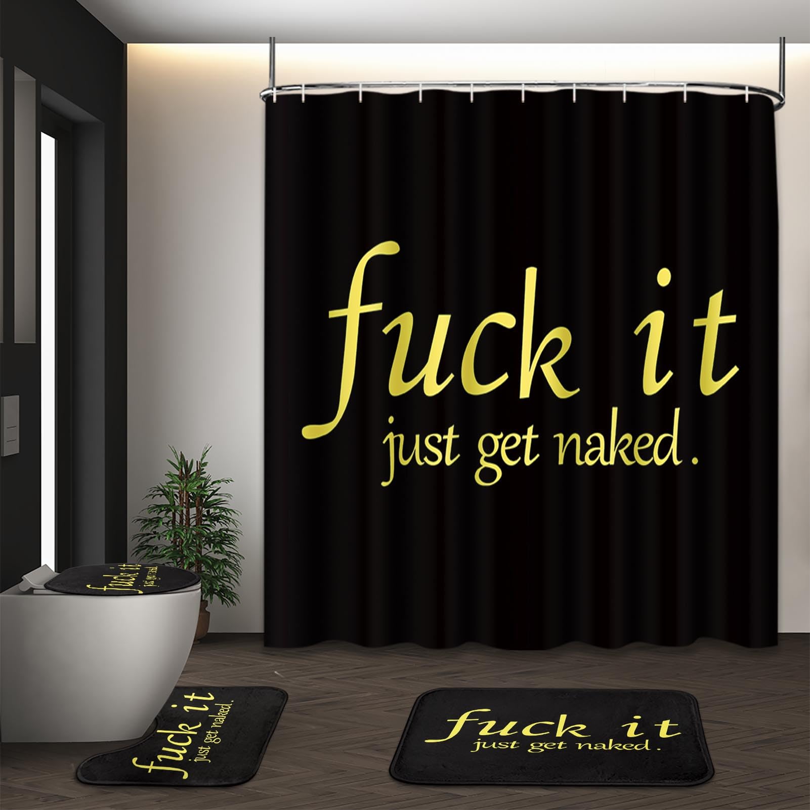 Artsocket 4Pc Black Funny Get Naked Shower Curtain Sets Bathroom Decor With Rugs, Non-Slip Rug,Toilet Lid Cover, Bath Mat And 12