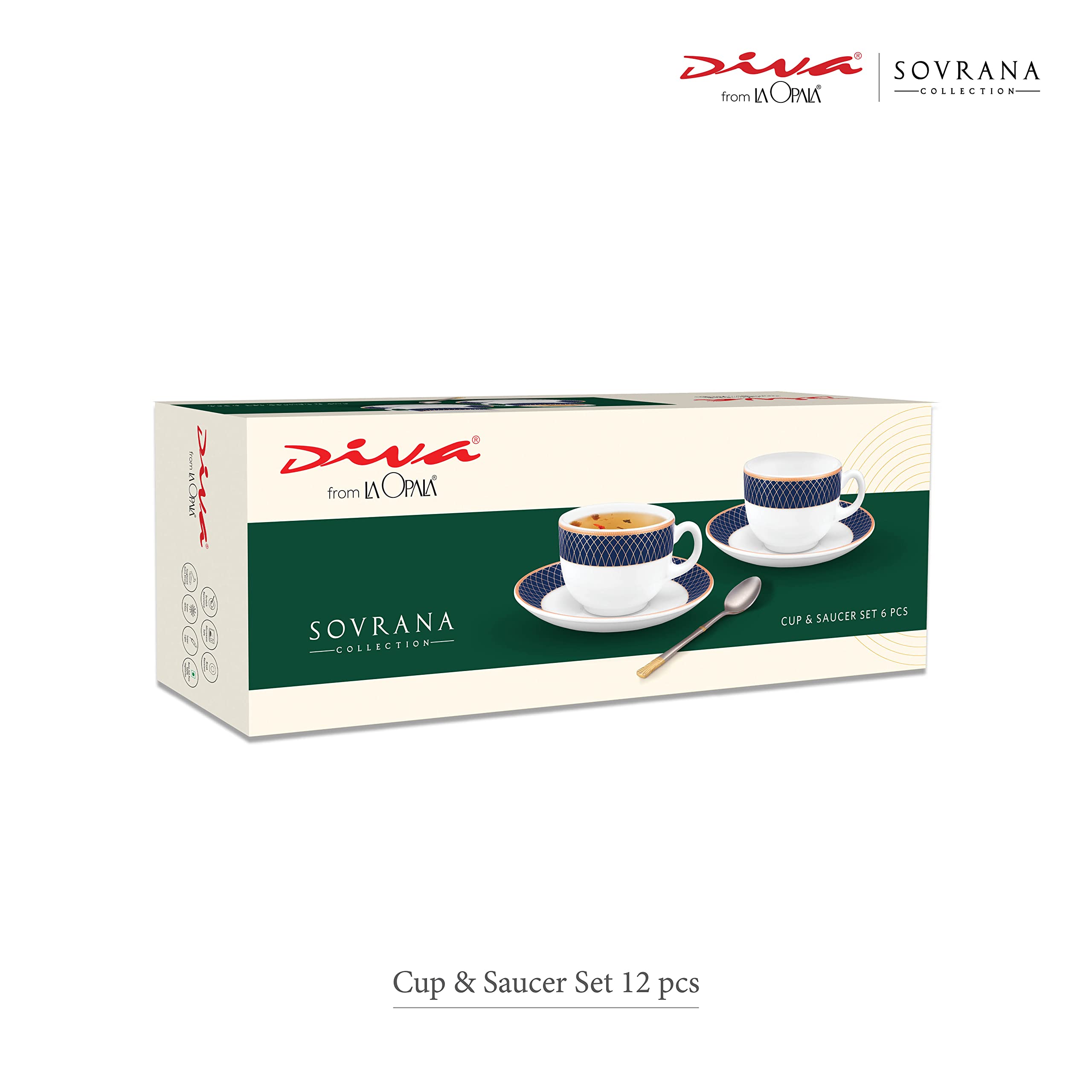 Laopala Diva, Sovrana Collection, Opal Glass Cup & Saucer Set 12 Pcs, Persian Grey, White