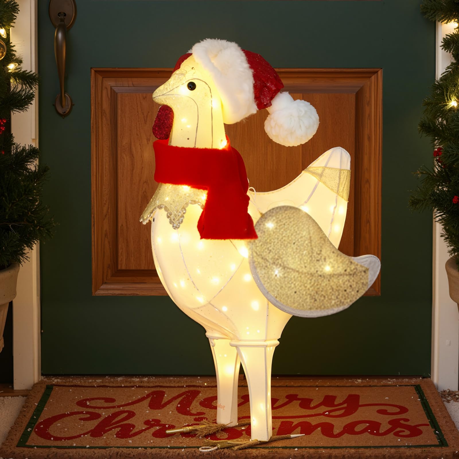 Colingmill 20.8 Inch Light Up Chicken Christmas Decoration Outdoor Large Glitter Chicken with LED Lights and Metal Frame Pre Lit