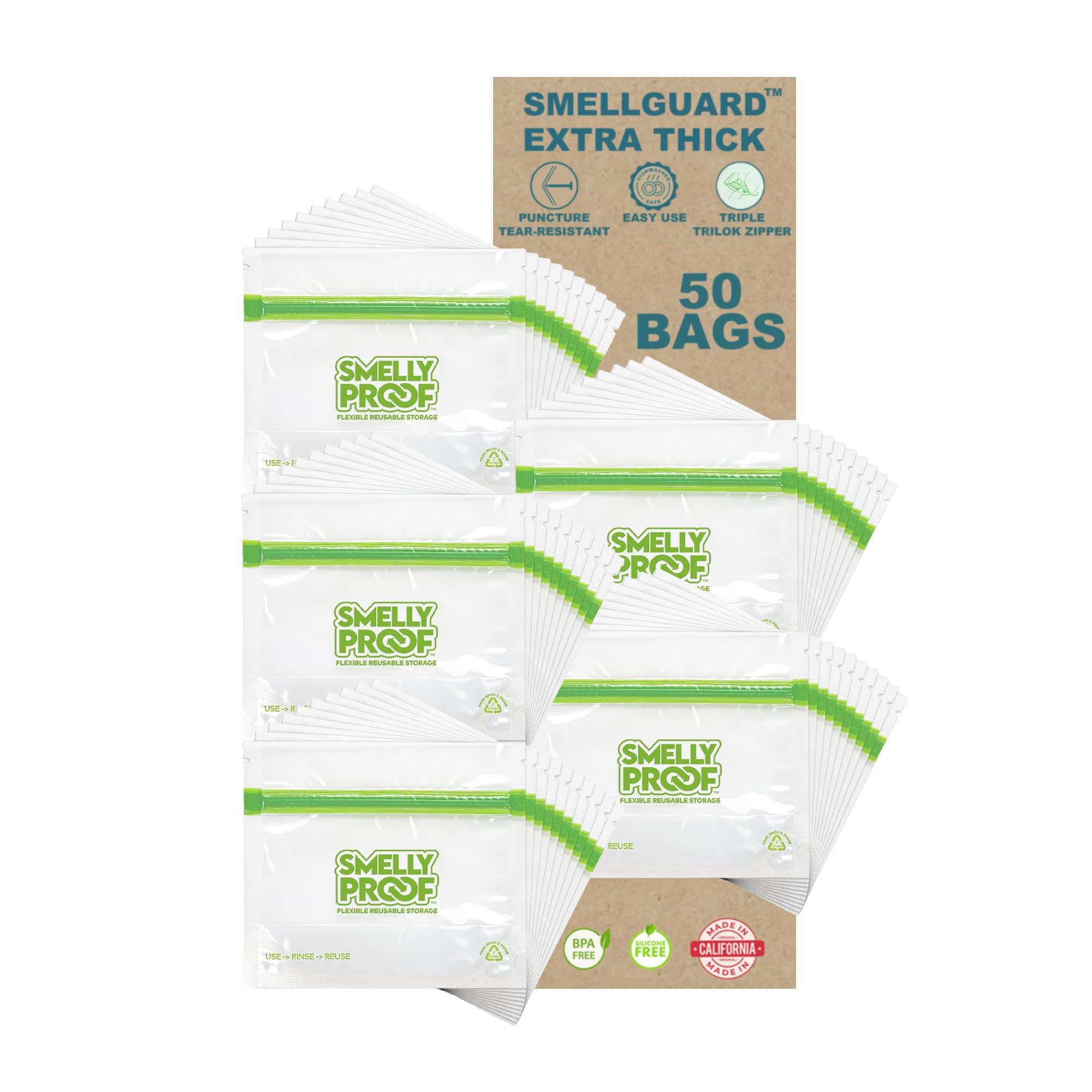 Smelly Proof 50Pk Stand-Up Reusable Food Storage Bags - Us Made, Bpa-Free, Clear 3 Mils Stand & Fill 6X4 50 Pcs