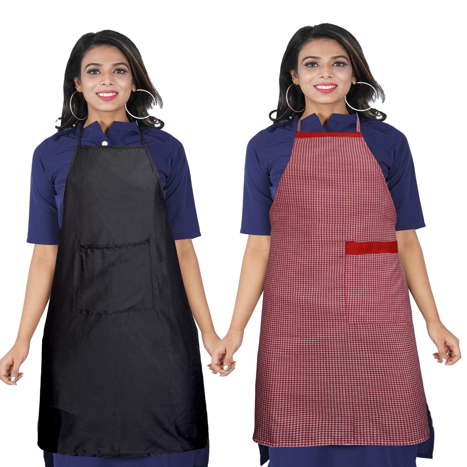 Kanushi Industries Apron For Kitchen Waterproof With Front Pocket Set Of 2 (Black & Red)(Aprn1Plainblack+1Sclredsid)