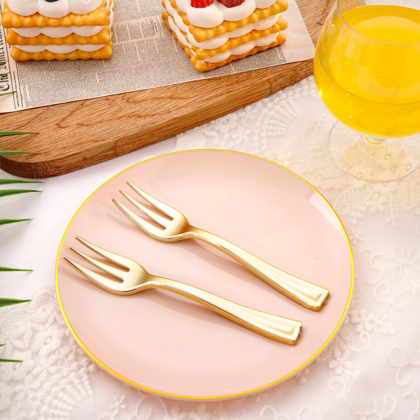 Festiva 200Pcs Pink Gold Cake Plates 6.3'' With Forks 5''- Disposable Salad Plates-Pink Dessert Plates-Appetizer Plastic Plates