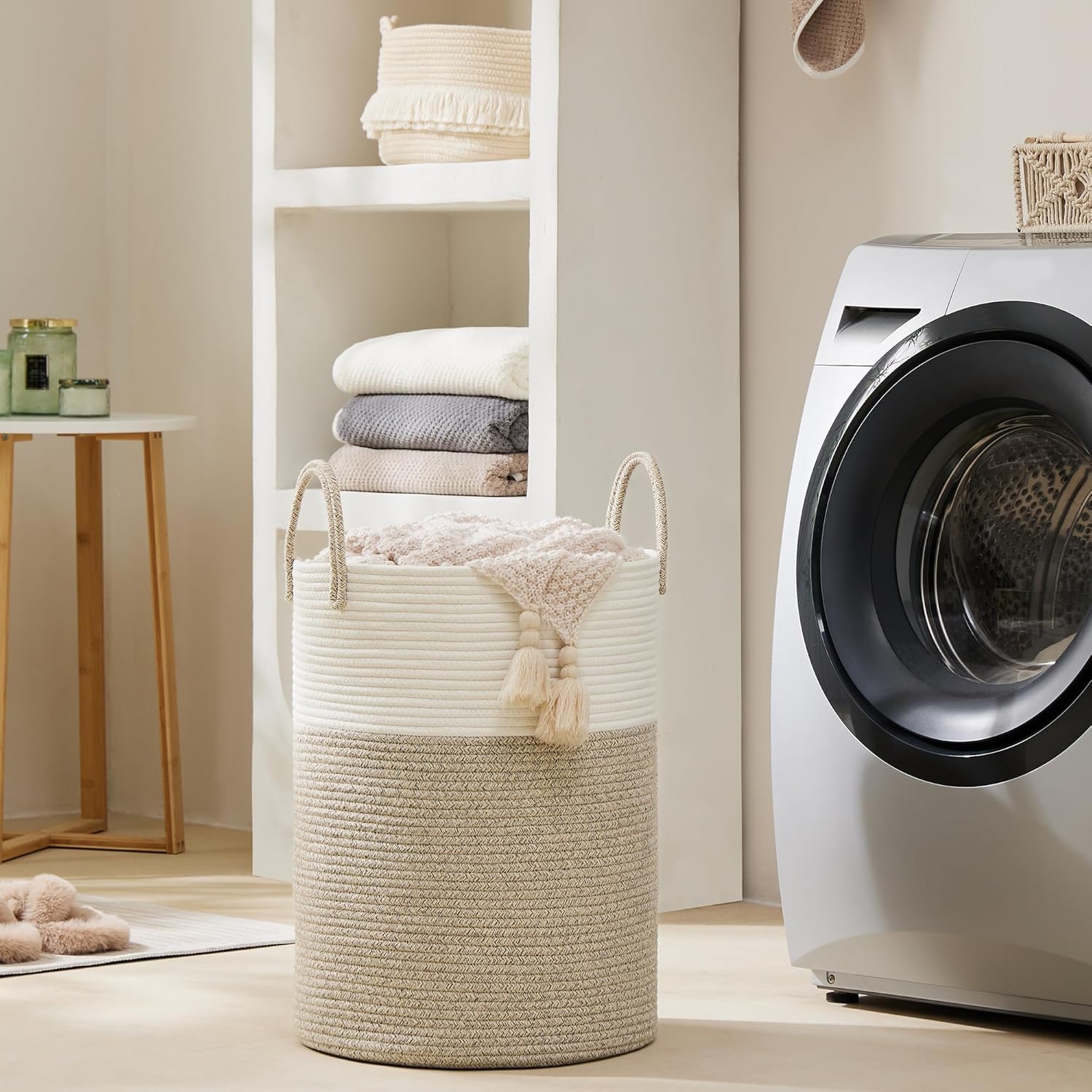 Cotton Rope Laundry Basket By Youdenova, 72L Woven Collapsible Laundry Hamper, Clothes Hamper With Reinforced Handles In The Lau