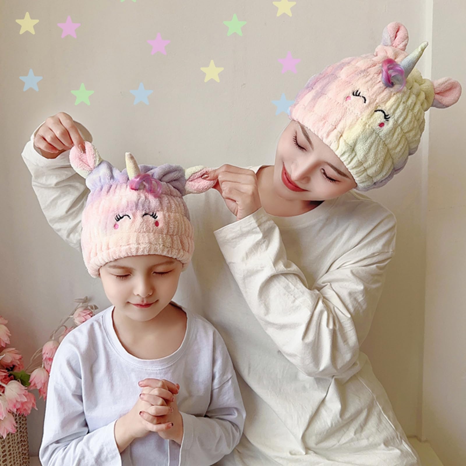 LCBD Microfiber Hair Towel Wrap for Kids, Unicorn Dry Hair Cap Set with Hair Scrunchies, Soft Absorbent Quick Hair Drying Towel