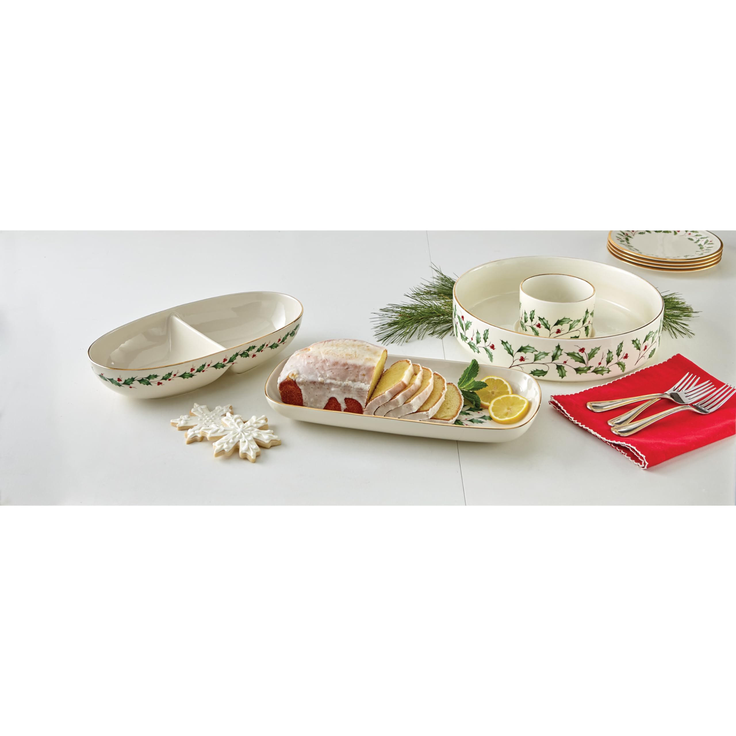 Lenox Holiday Bread Tray, Ivory Porcelain, 2.65 LB, Red & Green, Model 869997, Perfect for Christmas Hosting
