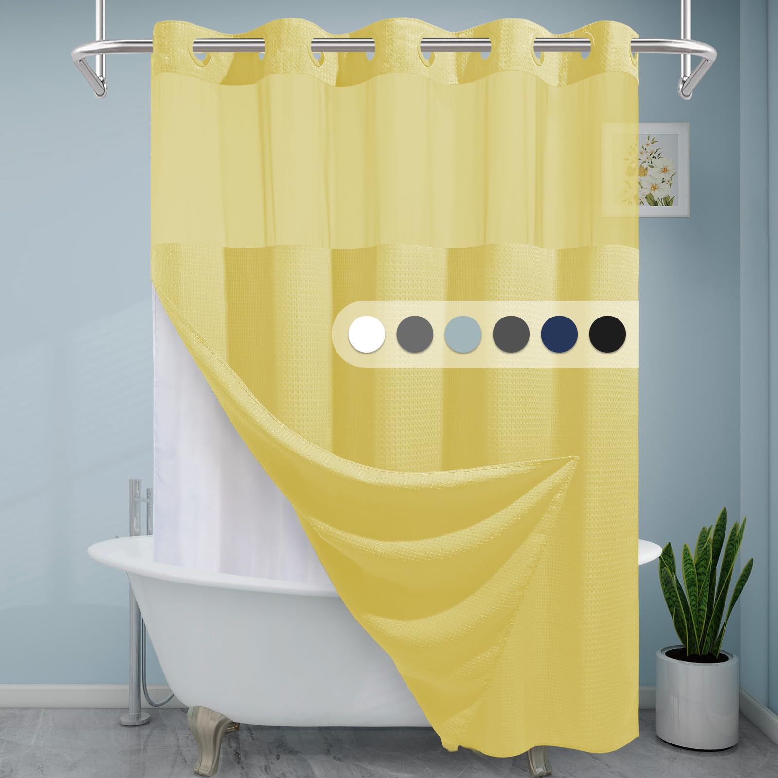 Eutxl Yellow No Hook Shower Curtain With Snap In Liner,230Gsm Waffle Weave Shower Curtains For Bathroom,71W X 74H