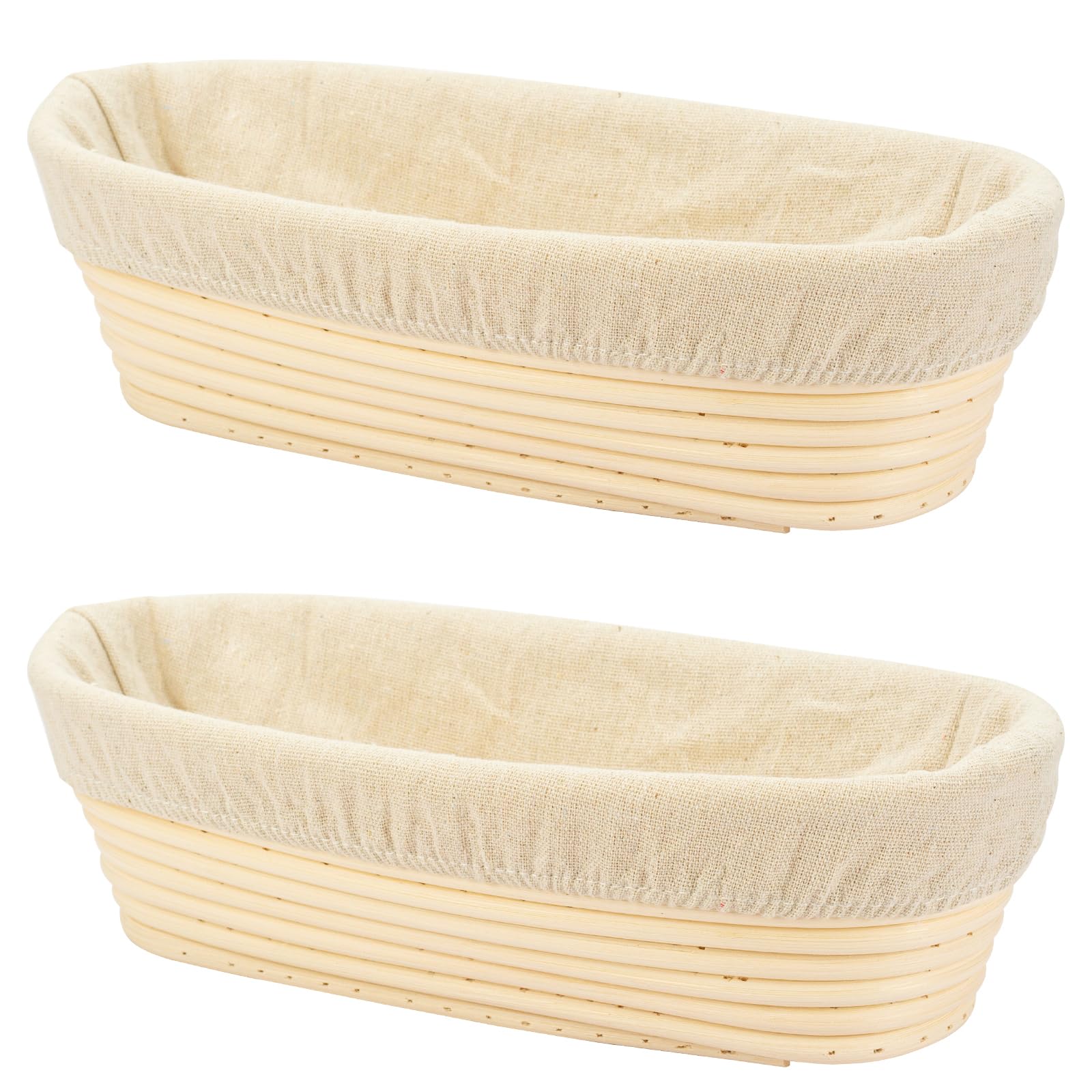 2 Pcs 10 Inch Oval Long Banneton Brotform Bread Dough Proofing Rising Rattan Basket & Liner For Professional & Home Bakers