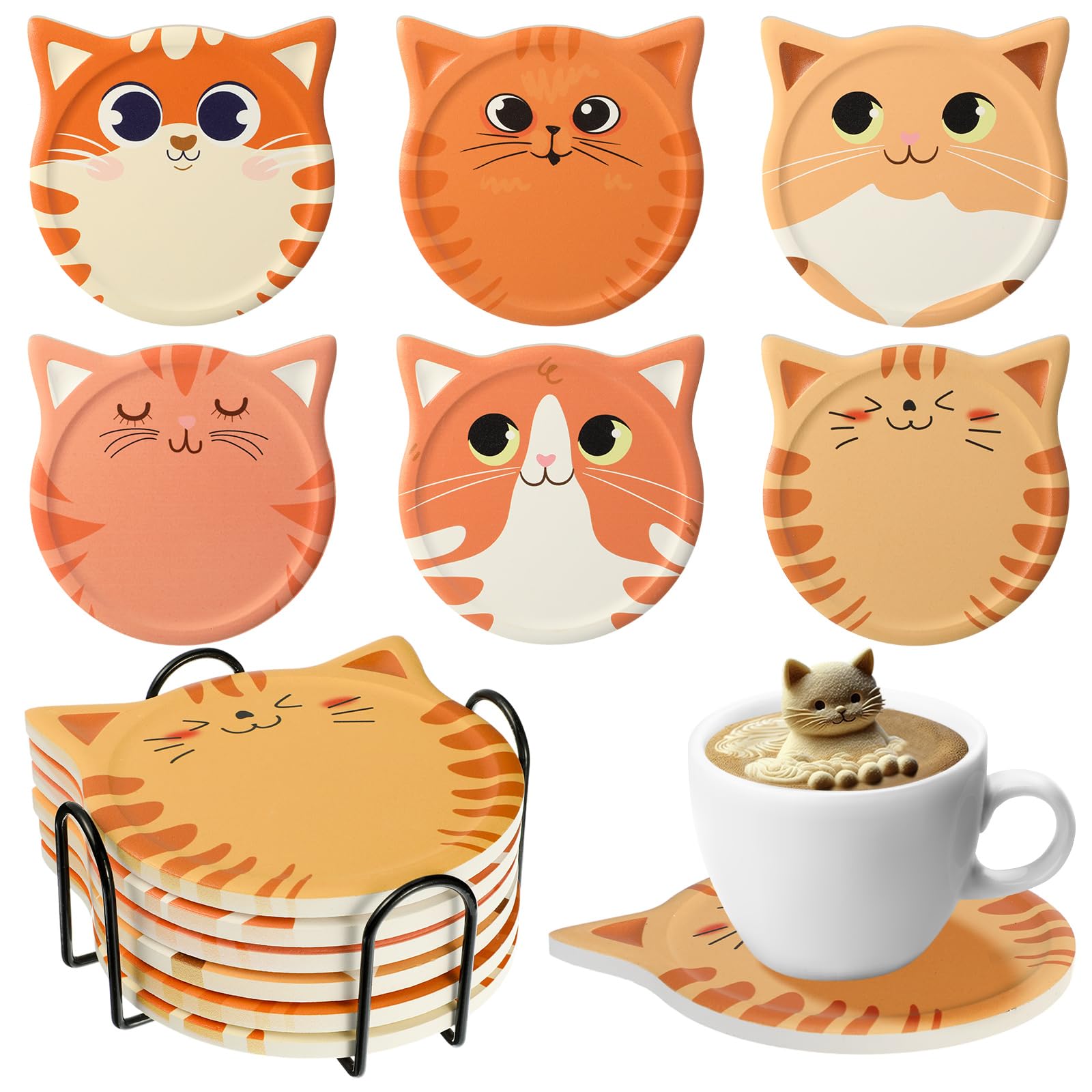 Funny Cat Coasters For Drink Cute Coasters Cat Gift For Cat Lovers Ceramic Coasters With Cork Bottom And Metal Holder For Bar Of