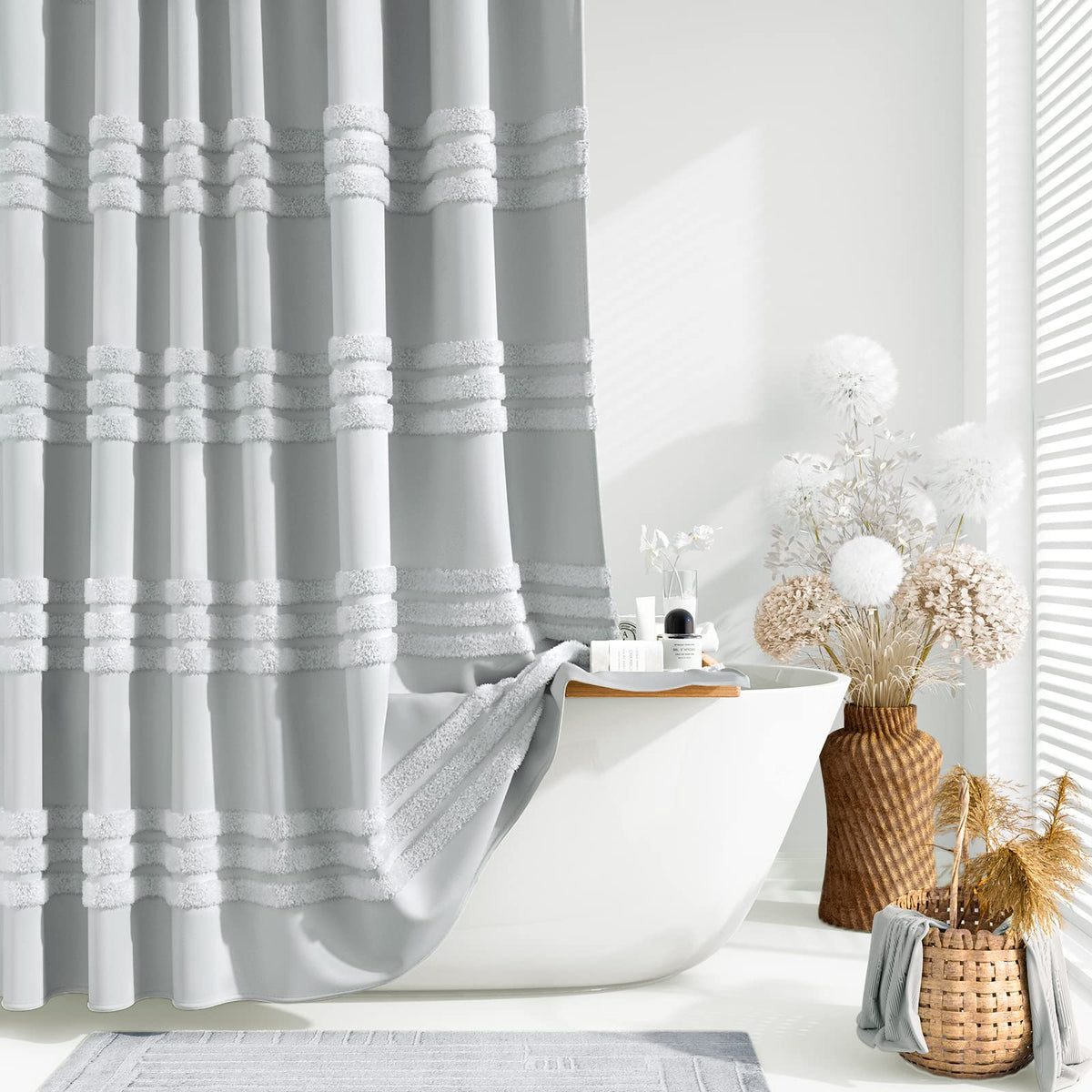 Dynamene 78 Inch Long Shower Curtain, Textured Tufted Chenille Striped Tall Fabric Shower Curtain For Bathroom, Large Hotel Spa