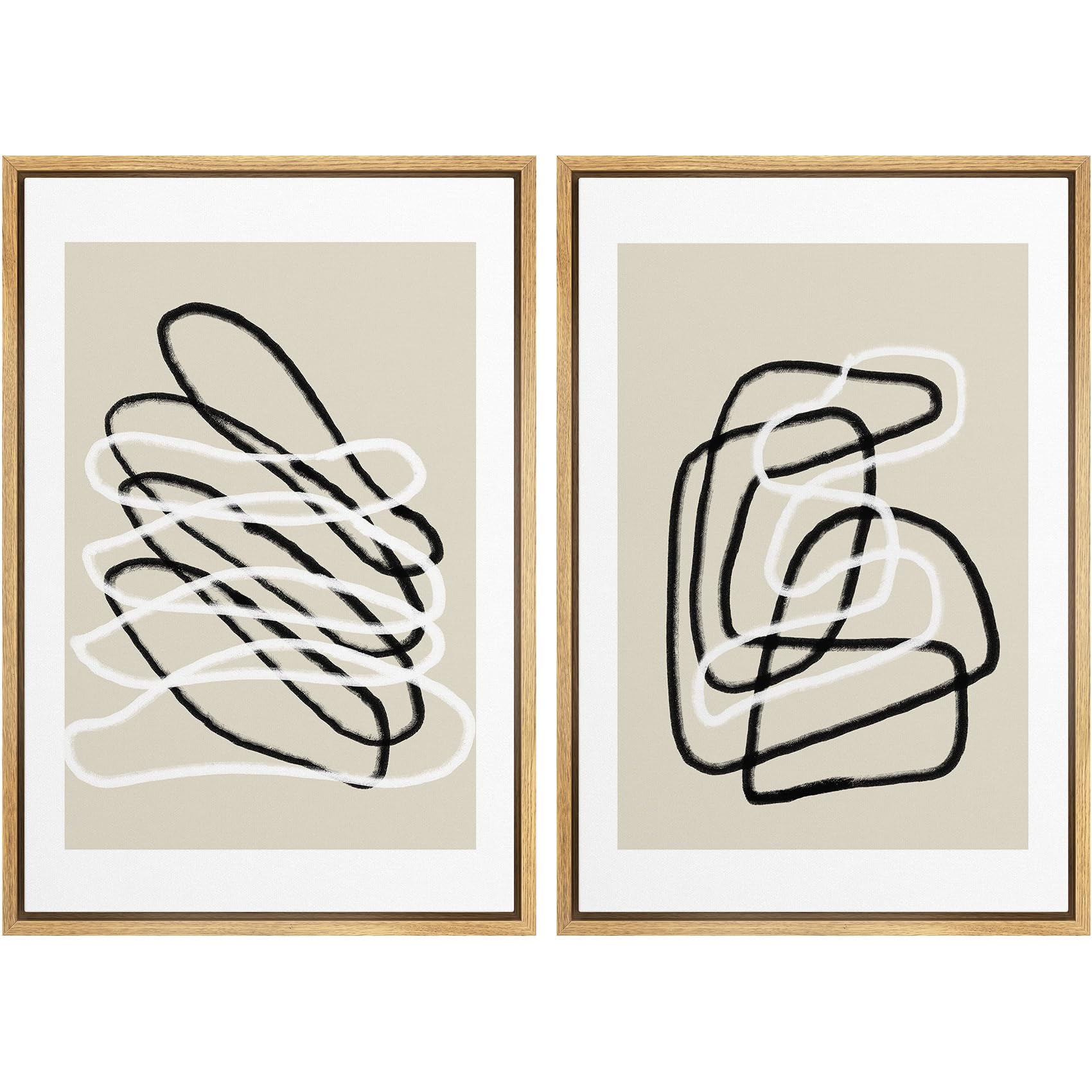 Signwin Framed Wall Art Print Set Black And White Lines Tangled Tan Background Abstract Swirly Cozy Neutral Modern Art Mid-Centu