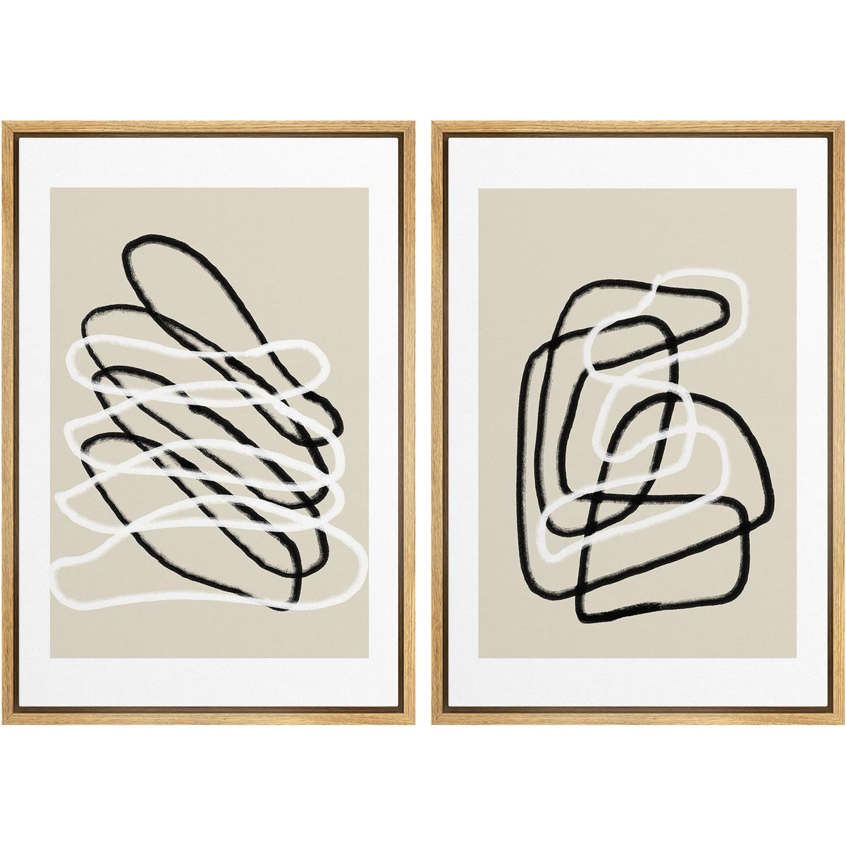 Signwin Framed Wall Art Print Set Black And White Lines Tangled Tan Background Abstract Swirly Cozy Neutral Modern Art Mid-Centu