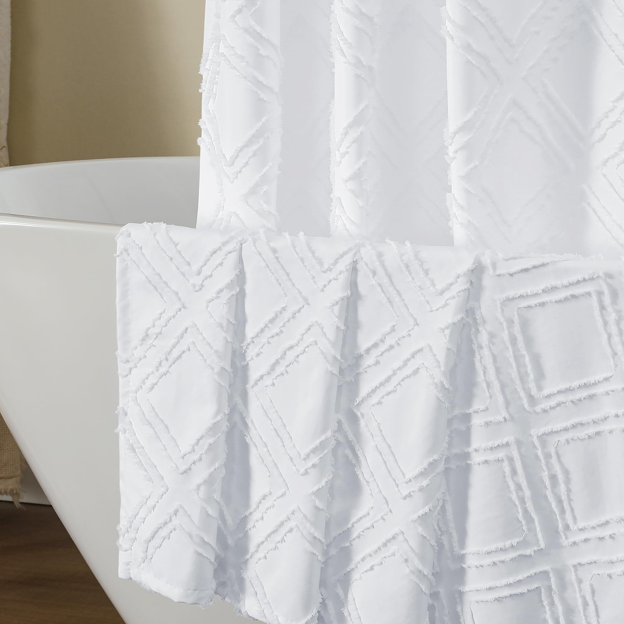 Owenie White Shower Curtain Set, Jacquard Geometric Textured Fabric Boho Shower Curtains For Bathroom, Soft Hotel Style Farmhous