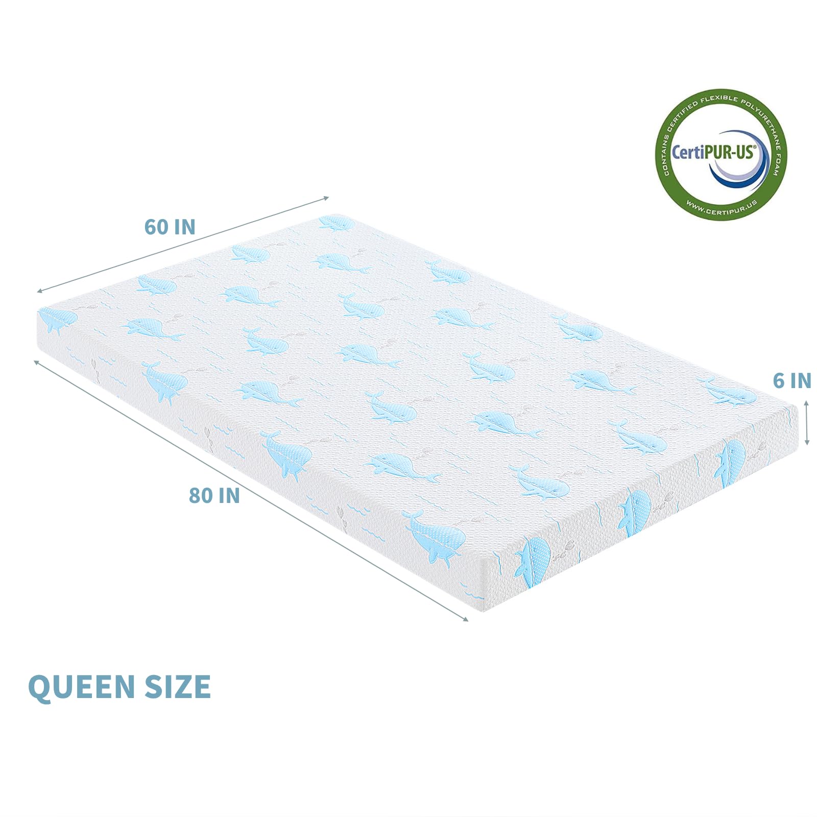 Ouui 6 Inch Queen Mattress, Removable Washable Cover With Whales Pattern Cooling Memory Foam Medium Feel, Bed-In-A-Box, Certipur