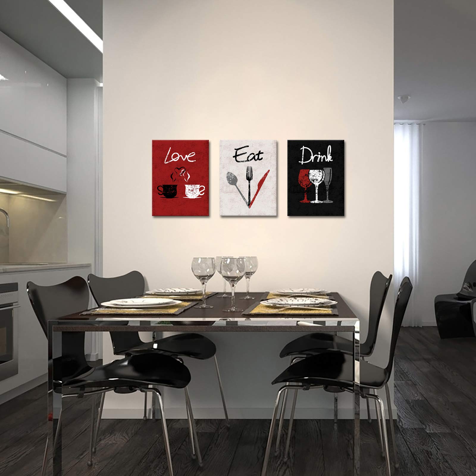 Rnnjoile 3 Piece Red Kitchen Decor Love Eat Drink Canvas Wall Art Pictures Set Dinning Room Wall Accessories Gift For Women Her