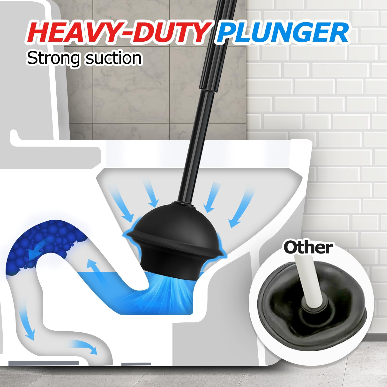 FORASTO 3Pack Toilet Brush and Plunger Set, Extended Handle Plunger,Toilet Bowl Brush Plunger Set,Bathroom Cleaning Tools,Toilet