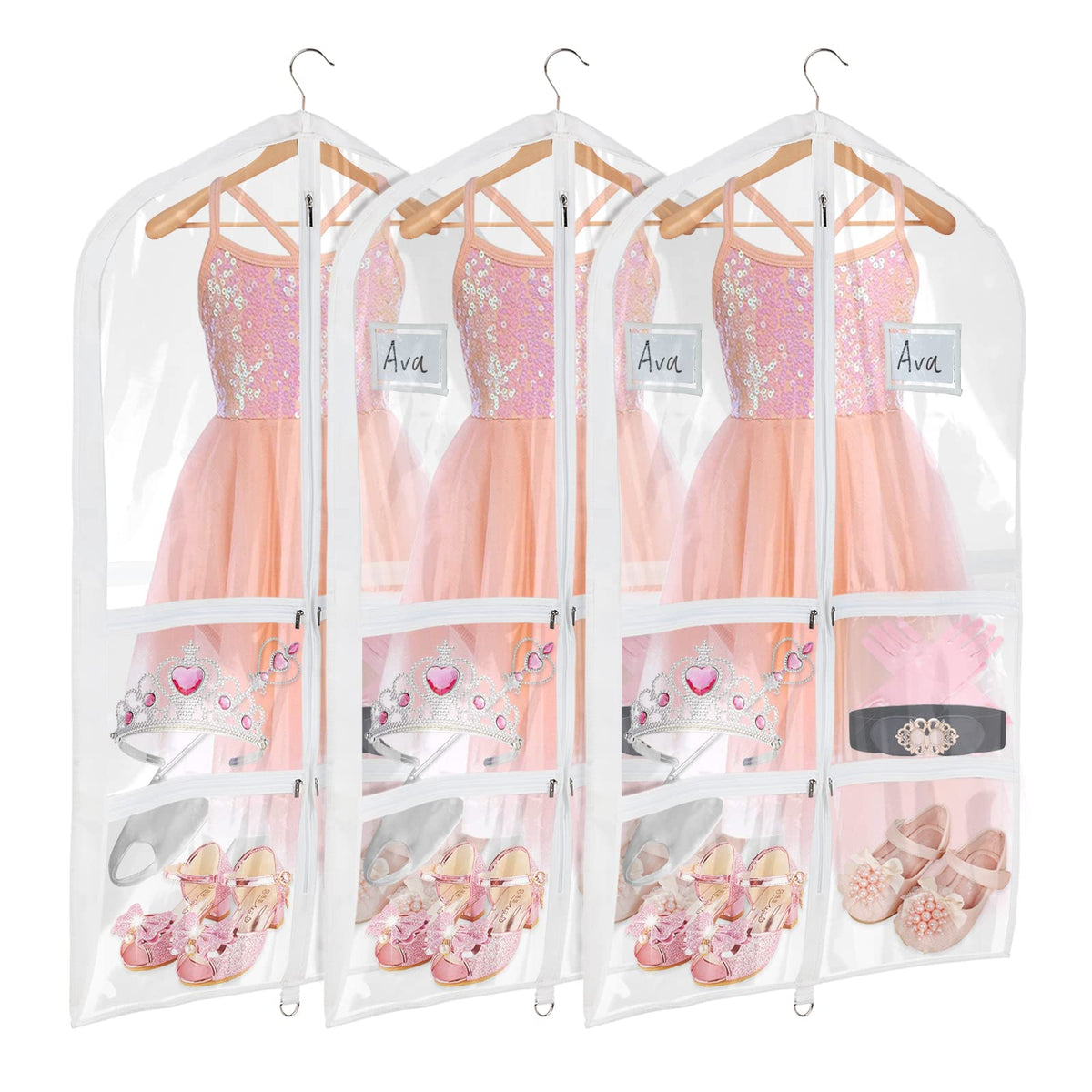 Univivi Clear Pvc Dance Costume Bags (3 Pack) Garment Bag 40 Inch For Dance Competitions, With 4 Medium Clear Zipper Pockets And