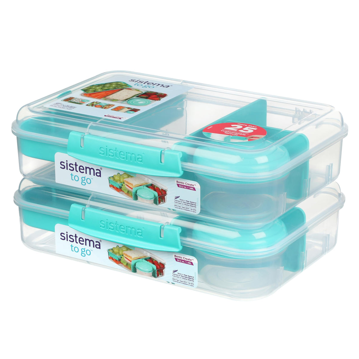 Sistema Bento Create To Go 6-Cup Food Storage Container Bento Box With Lid And Dividers, 2 Pack, Minty Teal