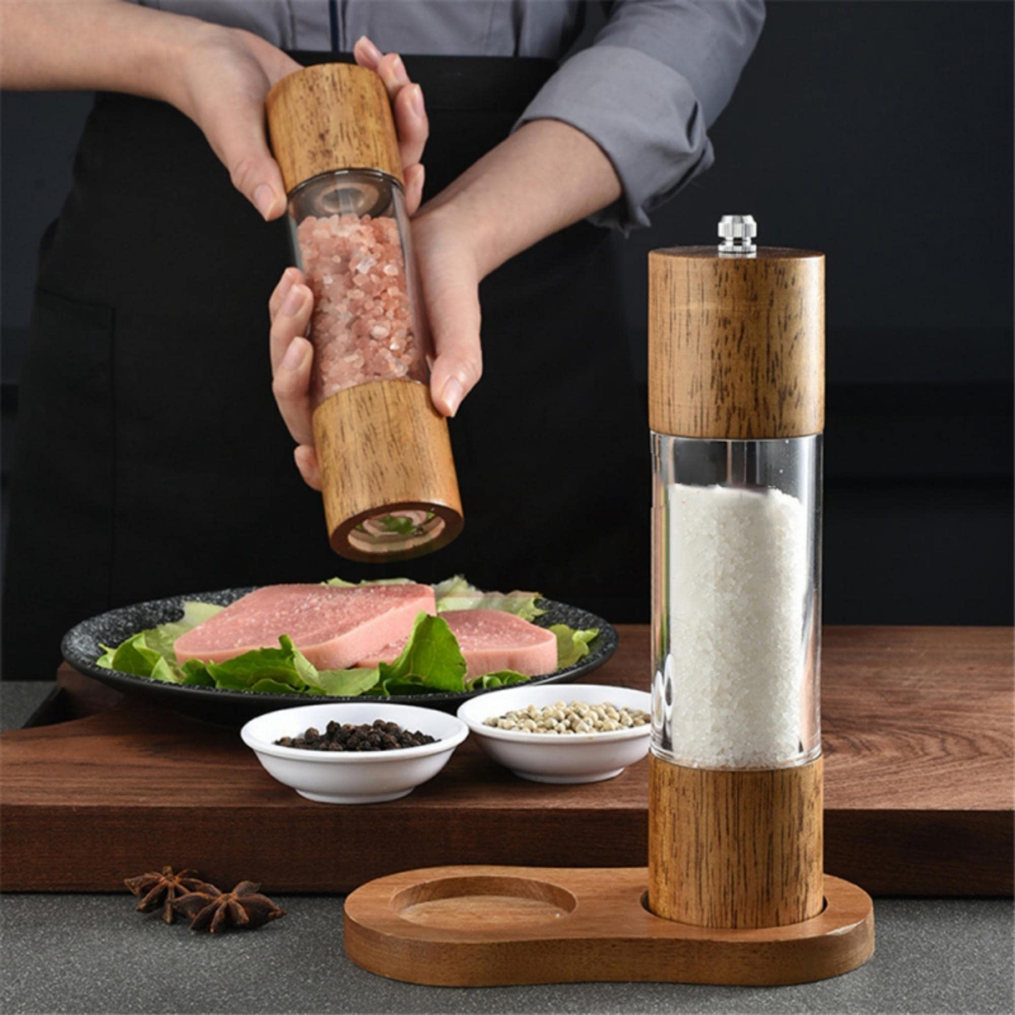 Wooden Salt And Pepper Grinder, 8 Inches Manual Pepper Mills, Wood Shakers With Glass Window, Refillable Hand Spice Dispenser Fo