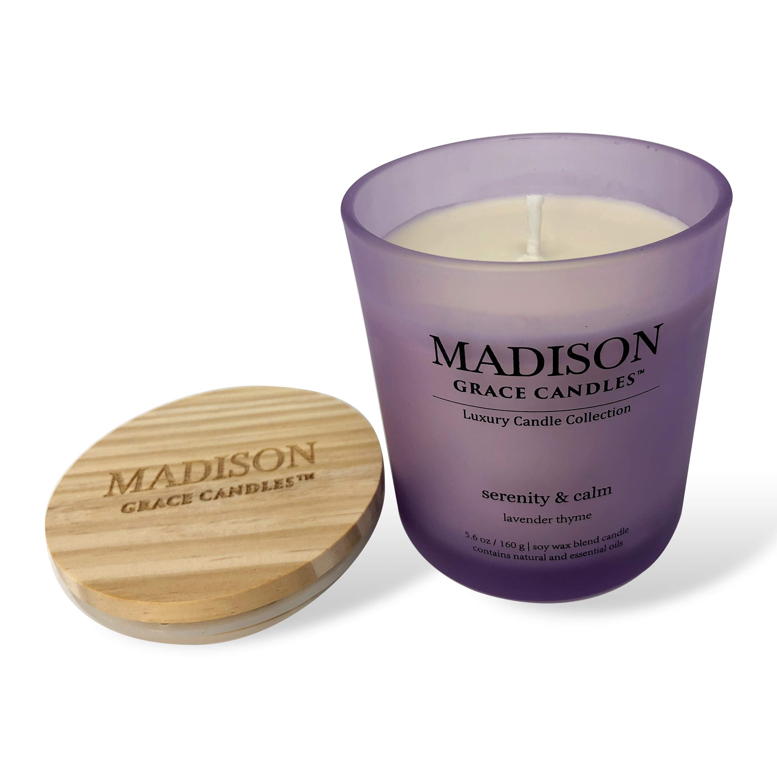 Madison Grace Lavender Scented Soy Wax Candle, 5.6 oz, Frosted Jar with Wooden Lid, Aromatherapy Gift for Mom, Birthday, Mother'