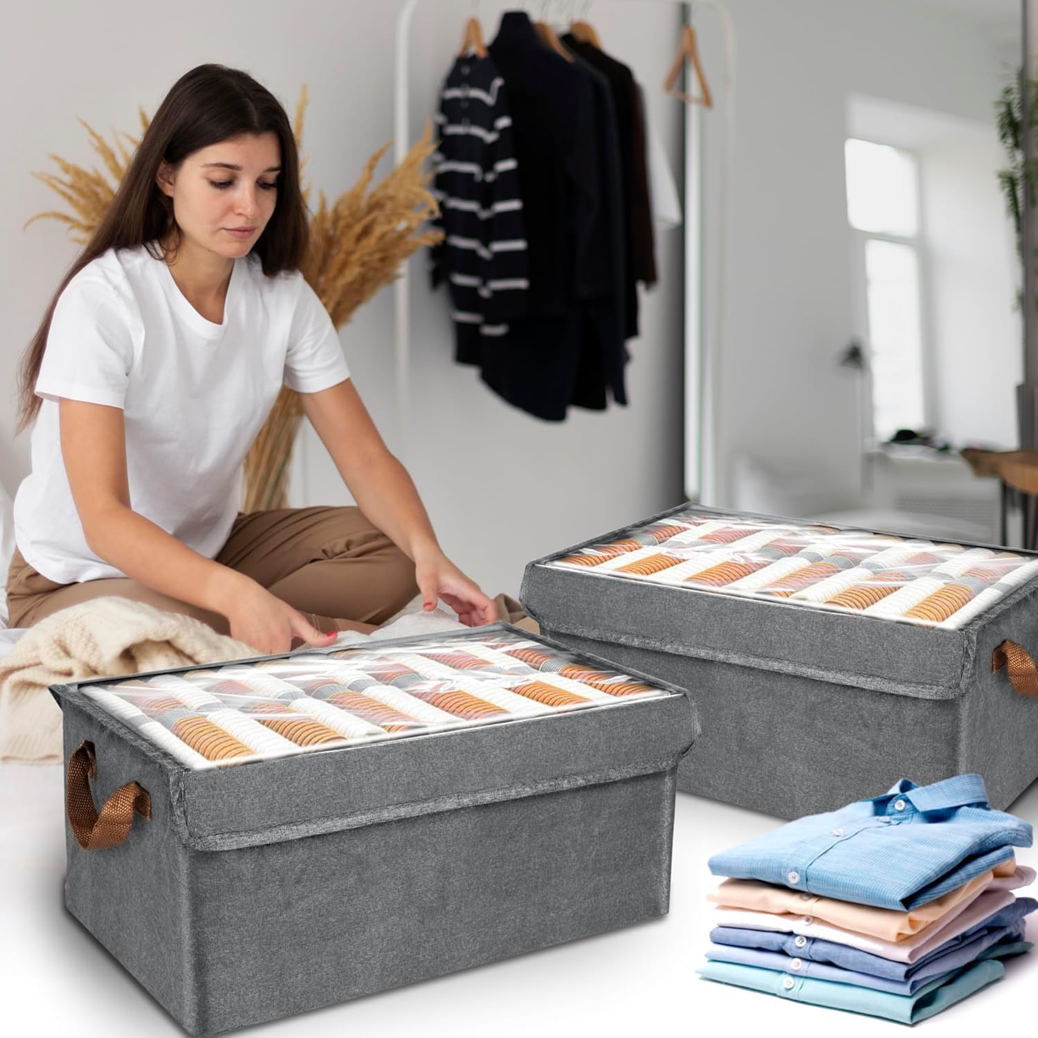Vidox 26 Liter Storage Box With Lid, Grey Foldable Fabric Closet Organiser With Steel Rod, Clothing Bins For Jeans And Garments