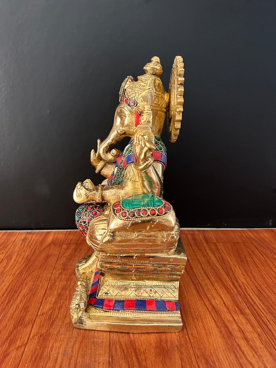 Brass Ganesha Statue With Mosaic, 24 Cm Stone Work Brass Ganesh Statue, Ganpati Idol, Good Luck Gift For New Beginnings, House W