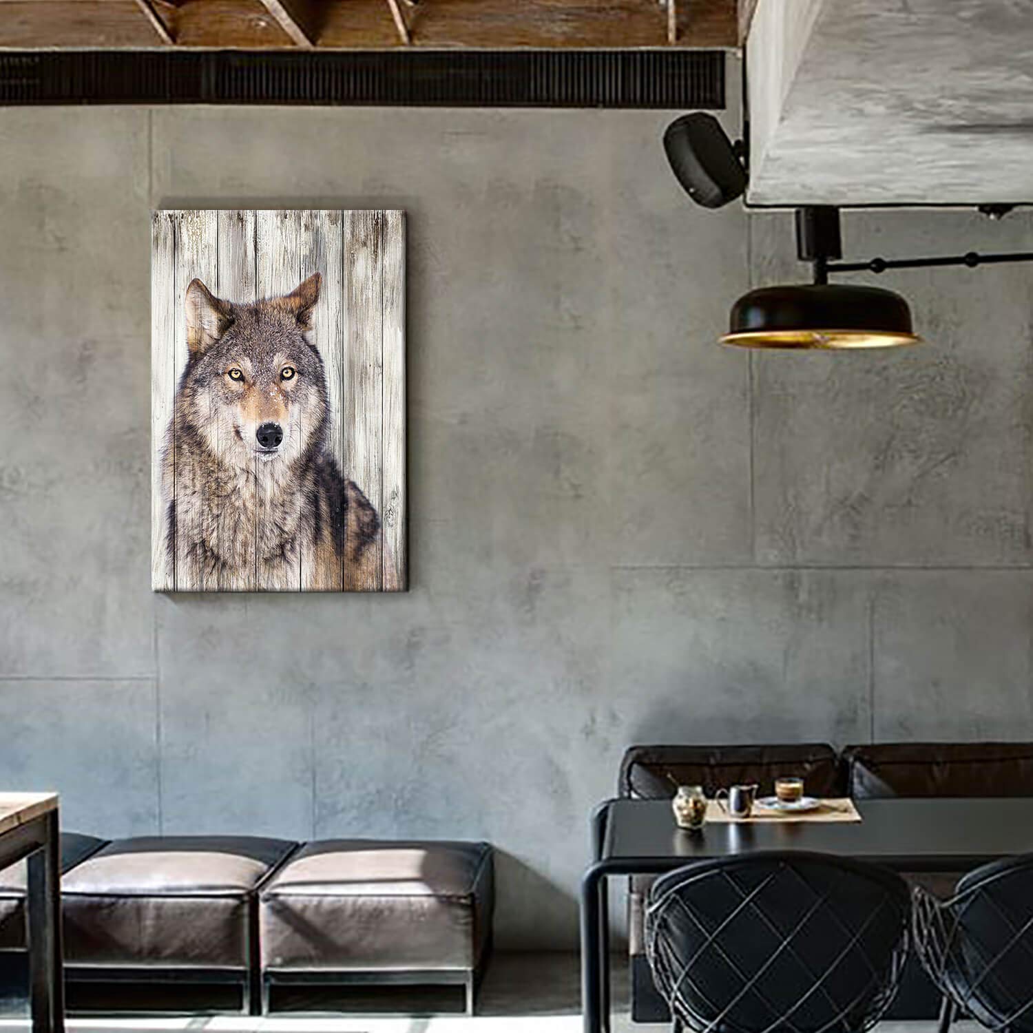 Gray Wolf Canvas Wall Art: Rustic Wooden Textured Background Wild Animal Artwork Wildlife Painting Picture Print For Living Room