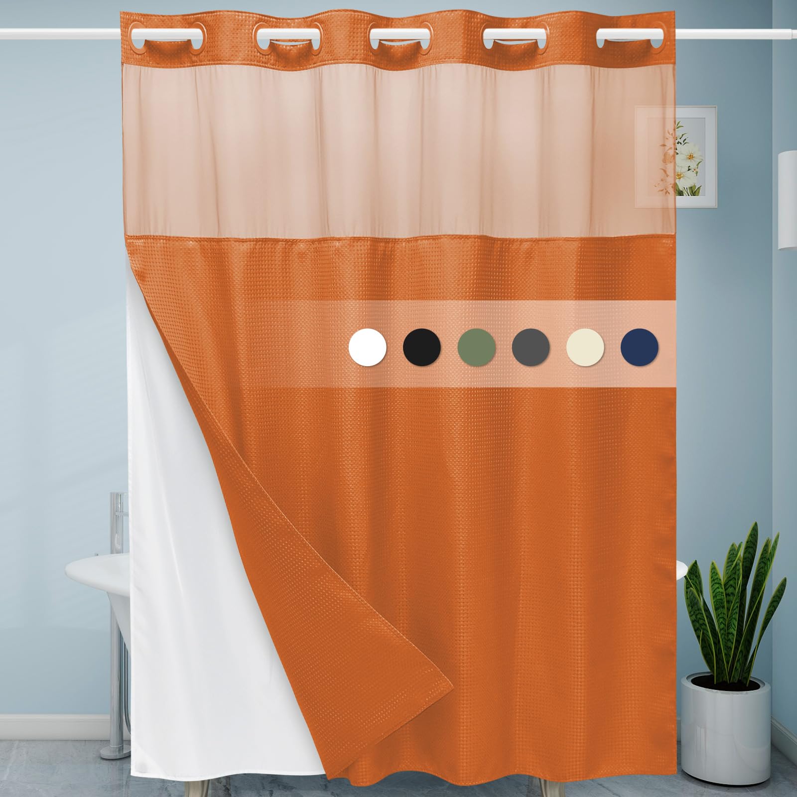Eutxl Burnt Orange No Hook Shower Curtain With Snap In Liner,230Gsm Waffle Weave Shower Curtains For Bathroom,71W X 74H
