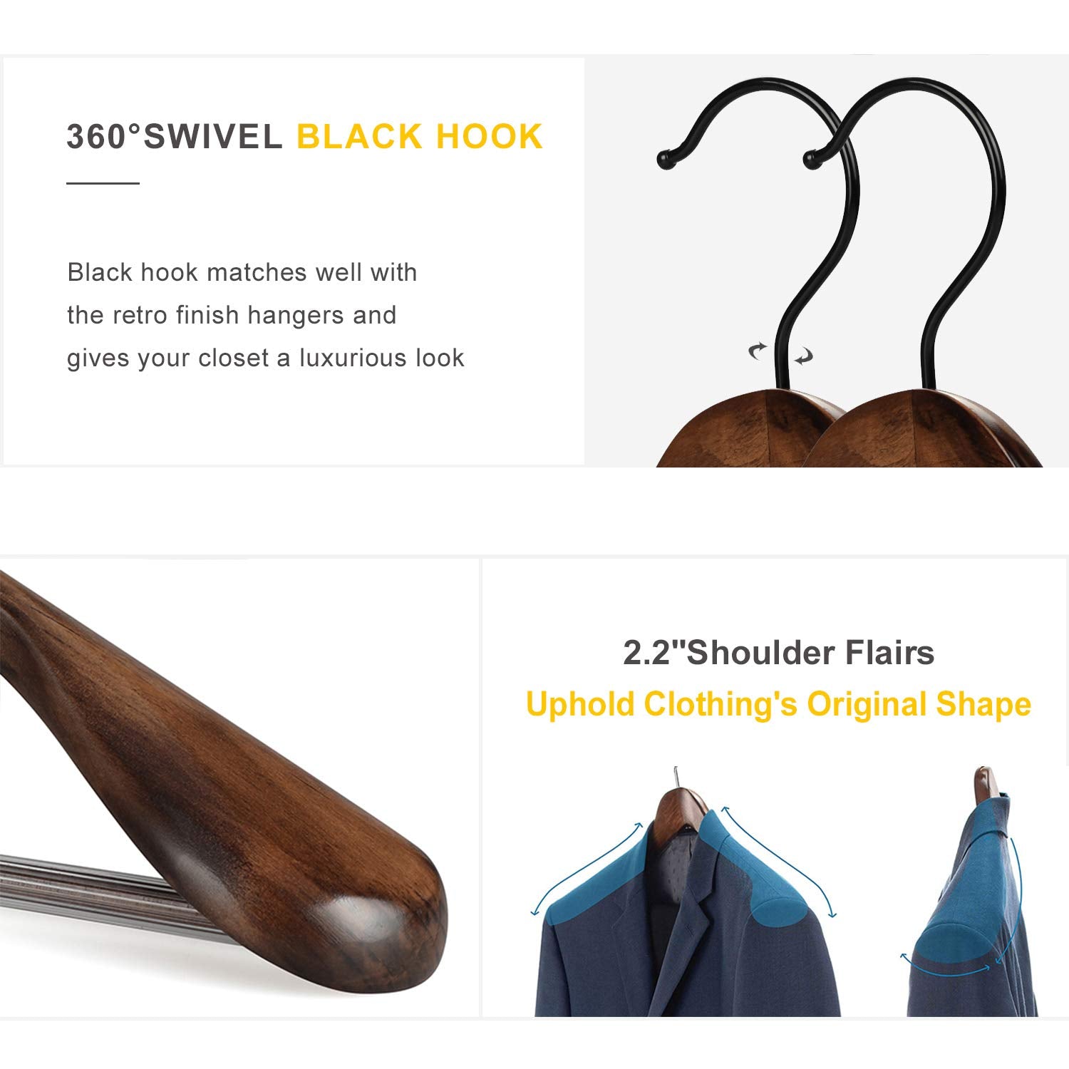 Topia Hanger Set Of 6 Beautiful Coat Suit Jacket Wood Wooden Hangers, Premium Retro Finish With Extra-Wide Shoulder- 360 Black H