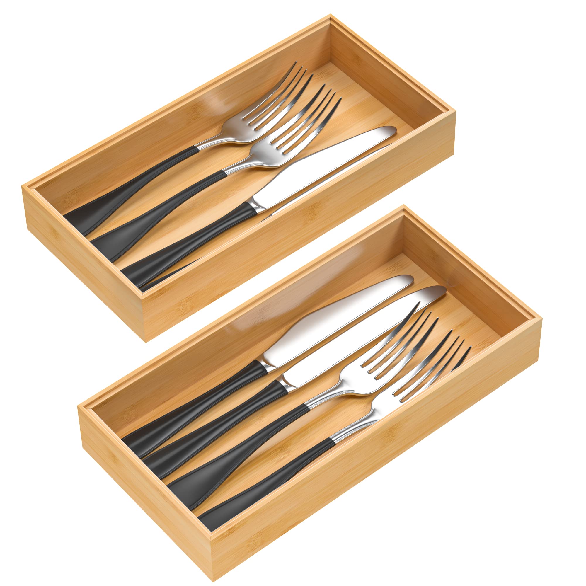 VeyFey Silverware Tray for Drawer, Stackable Kitchen Bamboo Drawer Organizer 12 x 6 x 2 Set of 2