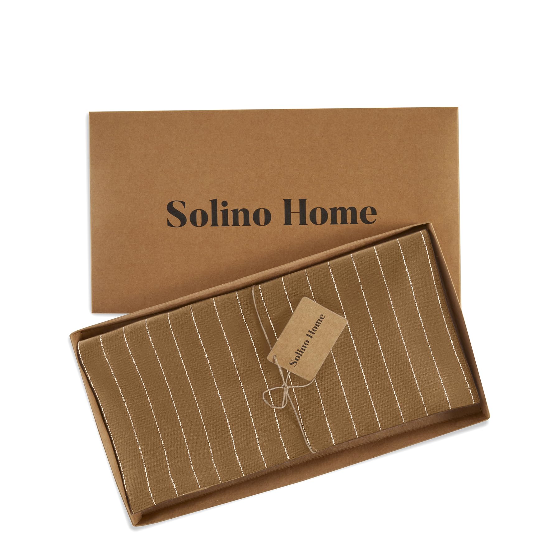 Solino Home Pinstripe Linen Tablecloth 52 X 52 Inch - 100% Pure Linen Camel And White Table Throw For Spring - Handcrafted And M
