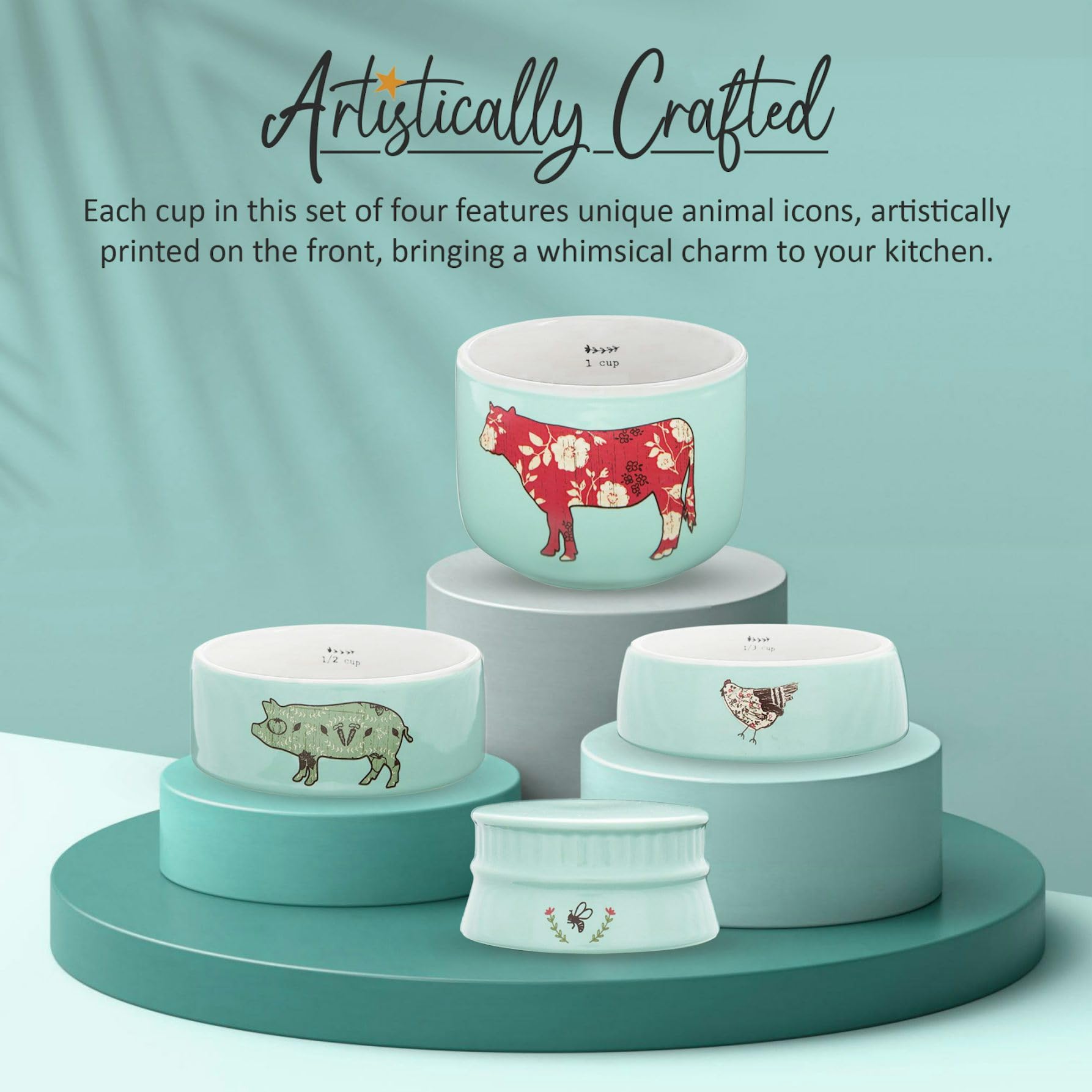 Pavilion Gift Company - 'Live Simply Bee, Chicken, Pig, And Cow' - 4-Piece Stoneware Measuring Cups Set, Sturdy Farmhouse-Style