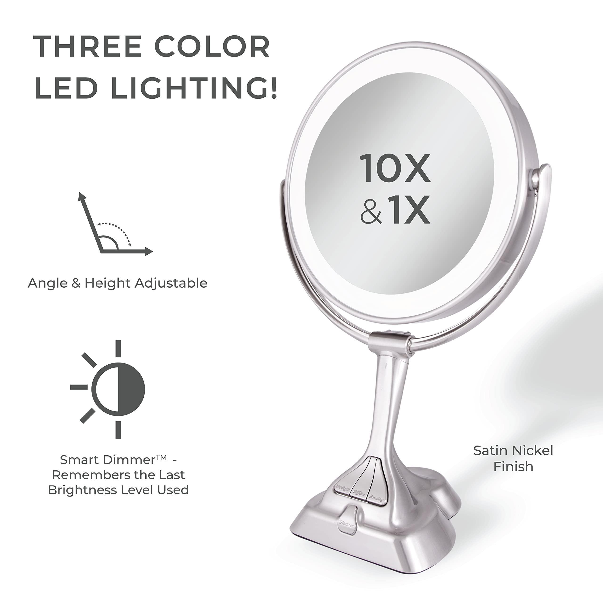 Zadro 9'' Round Dimable 3 Led Light Color Dual-Sided Magnified Makeup Mirror, Touch Dimmer Control (Satin Nickel, 10X/1X)